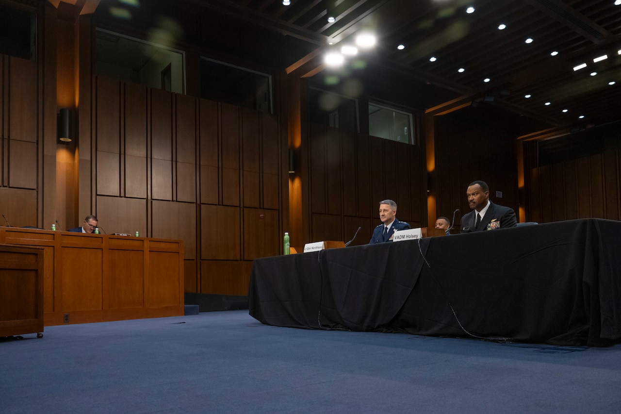 Air Force Lt. Gen. Steven S. Nordhaus and Navy Vice Adm. Alvin Holsey testify at a Senate Armed Services Committee nomination hearing.