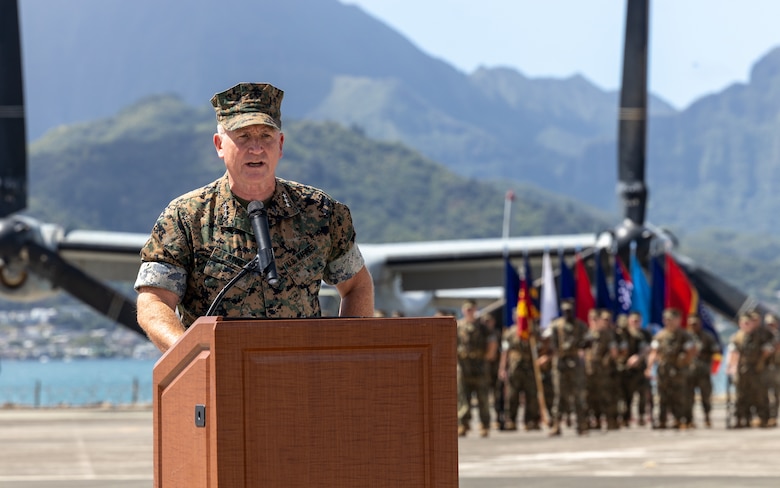 U.S. Marine Corps Lt. Gen. William M. Jurney, U.S. Marine Corps Forces, Pacific, gives his final remarks as commander during the MARFORPAC change of command ceremony on Marine Corps Base Hawaii, Sept. 12, 2024.  With two-thirds of the Marine Corps operating forces assigned, MARFORPAC operates in the U.S. Indo-Pacific Command area of responsibility, the largest Geographical Combatant Command in the U.S. Department of Defense, as the Nation’s expedition force and like-minded allies and partners to preserve and maintain a free and open Indo-Pacific region. (U.S. Marine Corps photo by Staff Sgt. Ash McLaughlin)