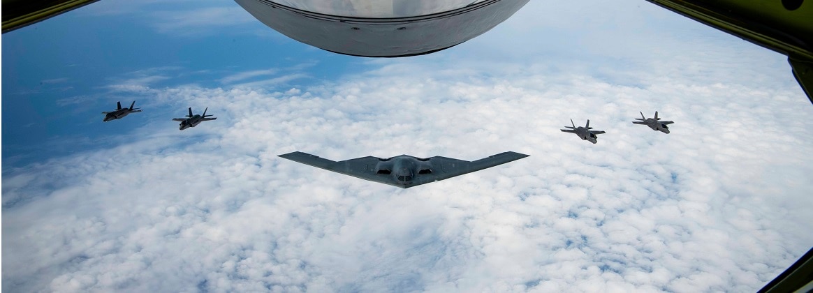 A U.S. Air Force B-2 Spirit stealth bomber and four Japan Air Self-Defense Force F-35A Lightning IIs, fly in formation over the Indo-Pacific area of responsibility, Sept. 10, 2024.