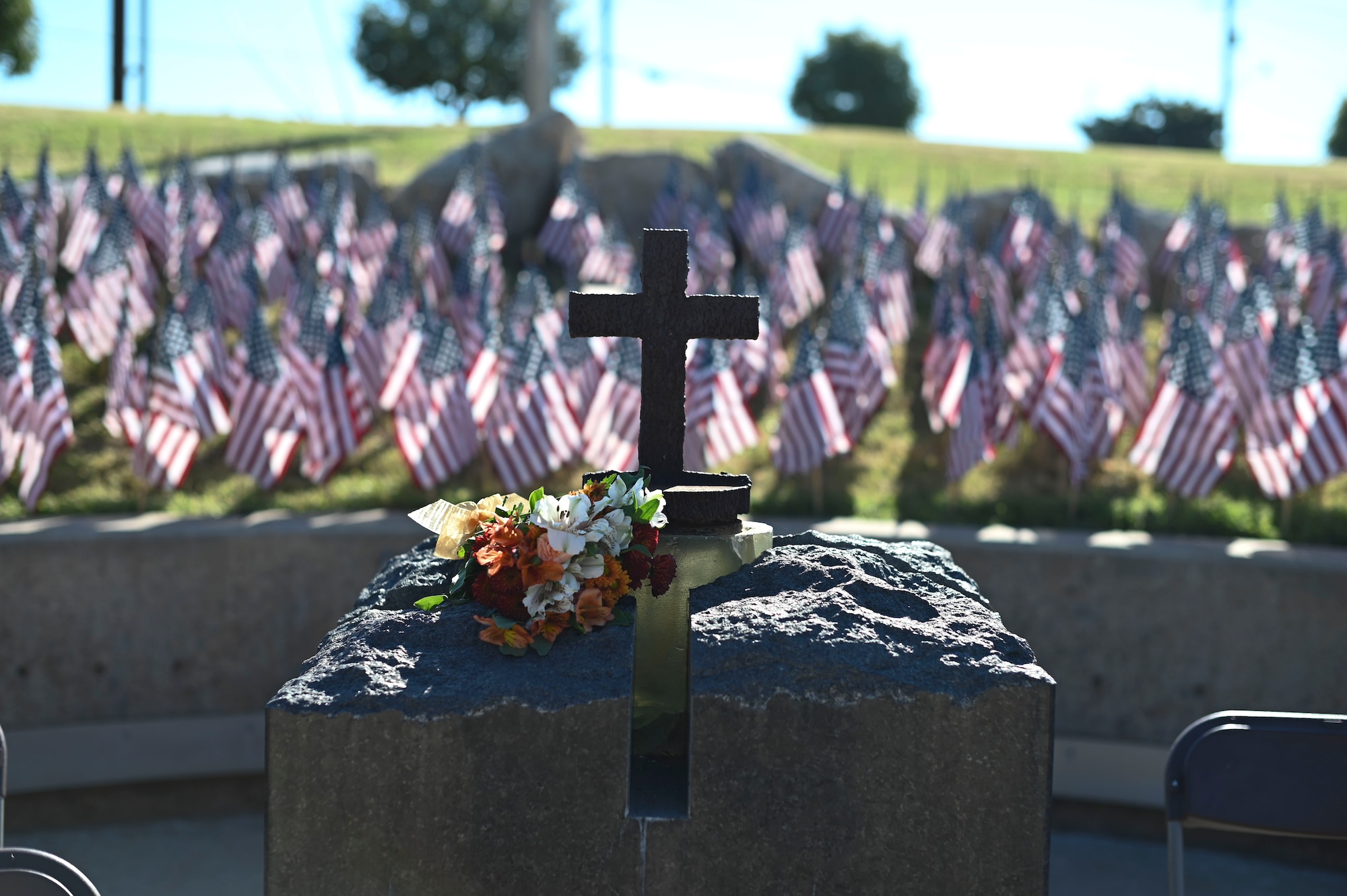 A cross is displayed at the 9/11 monument during the Annual 9/11 remembrance, San Angelo, Texas, Sept. 11, 2024. Civic leaders, veterans and residents came together in unity to honor the lives lost during the Sept. 11, 2001 terrorist attacks. (U.S. Air Force photo by Senior Airman Ethan Sherwood)