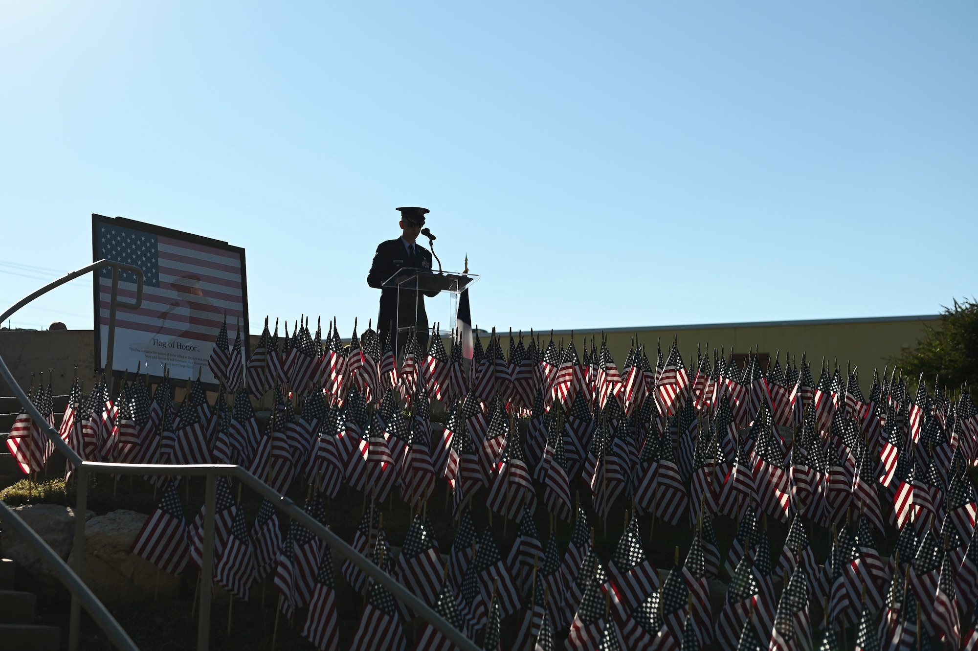 U.S. Air Force Col. Thomas Wilson, 17th Training Wing deputy commander, speaks at the 9/11 monument during the annual San Angelo 9/11 remembrance, San Angelo, Texas, Sept. 11, 2024. Wilson emphasized the lasting effects of 9/11 and highlighted the resilience of the nation and the strong relationship between Goodfellow Air Force Base and the San Angelo community. “In addition to remembering and honoring the lives that were lost that day, we should also recognize and tell the new generation of the way this great country stood back up after getting knocked down,” said Wilson. (U.S. Air Force photo by Senior Airman Ethan Sherwood)