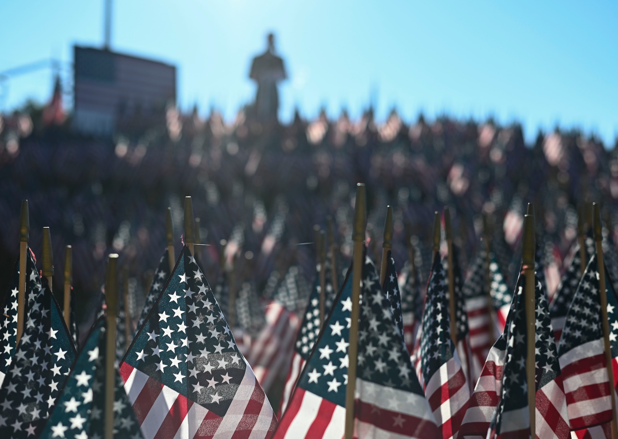 Flags are displayed across the lawn at the 9/11 monument during the annual San Angelo 9/11 remembrance, San Angelo, Texas, Sept. 11, 2024. These flags represent the 343 firefighters, 71 law enforcement officers, eight paramedics, and 55 military personnel who lost their lives on Sept. 11, 2001. (U.S. Air Force photo by Senior Airman Ethan Sherwood)