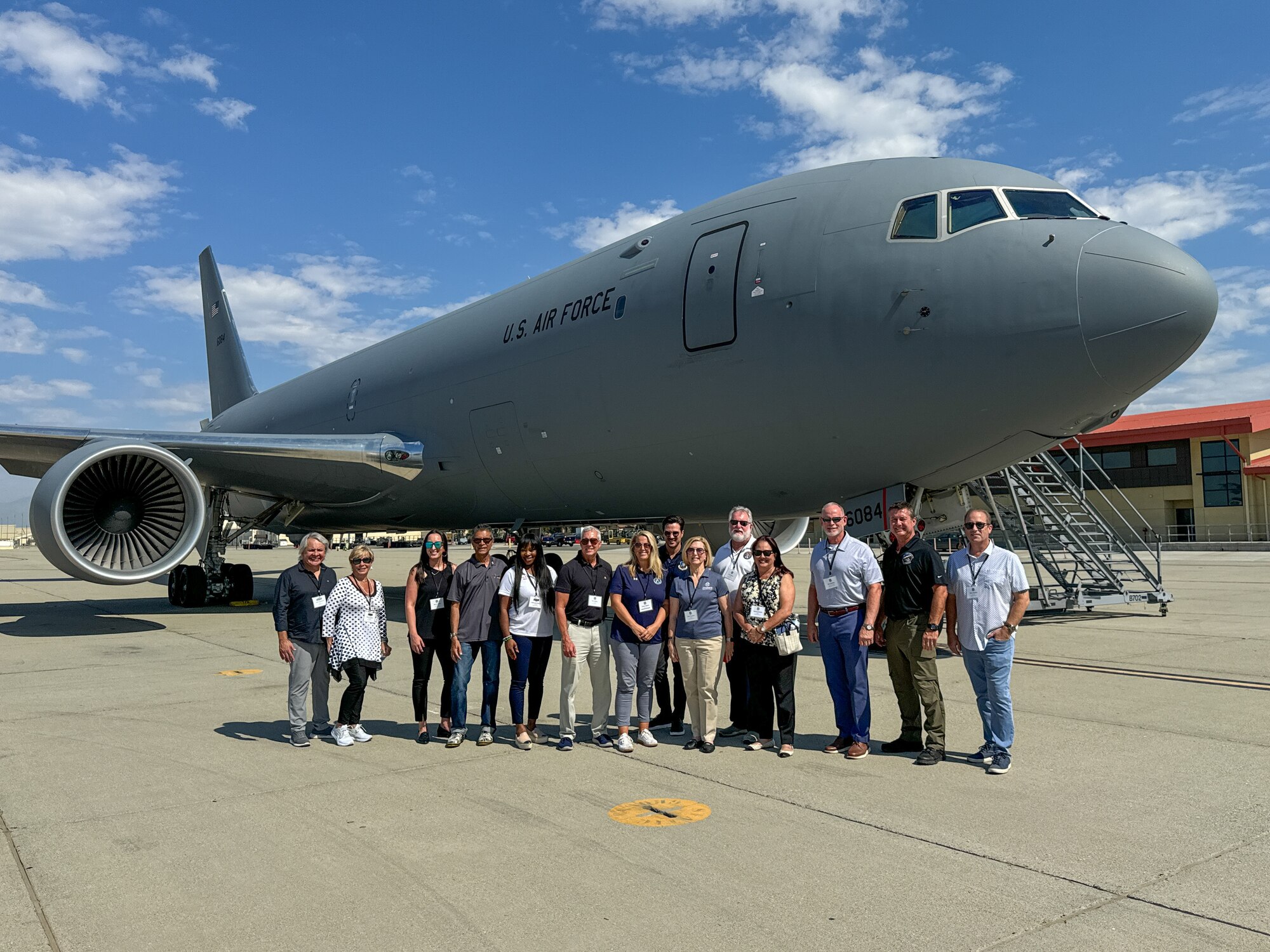 U.S. Air Force Reserve Command (AFRC) civic leaders stand beside a KC-46 Pegasus during a tour of the 452nd Air Mobility Wing, March Air Reserve Base, California, Sept. 6, 2024. Lt. Gen. John Healy, commander of the AFRC and chief of the Air Force Reserve (AFR), hosted a two-day civic leader tour to Nellis Air Force Base, Nevada and March Air Reserve Base, California to provide familiarization and education about the AFR mission and help the civic leaders from across the nation get an up-close and personal view of some of the transformative initiatives happening within the command. (U.S. Air Force photo by Roger Parsons)