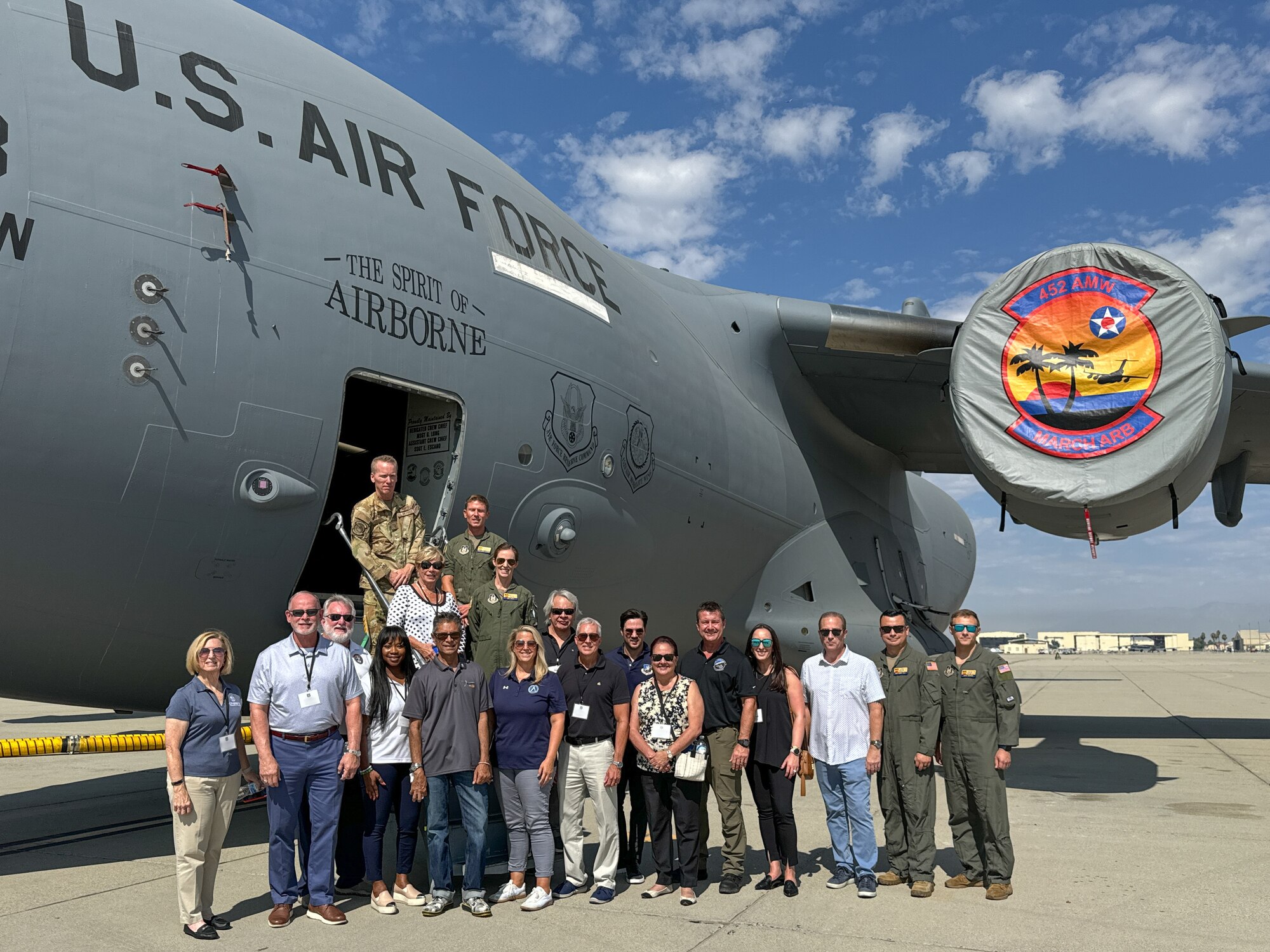 U.S. Air Force Reserve Command (AFRC) civic leaders and Airmen from the 452nd Air Mobility Wing join for a group photo on a C-17 Globemaster III during a tour of March Air Reserve Base, California, Sept. 6, 2024. Lt. Gen. John Healy, commander of the AFRC and chief of the Air Force Reserve (AFR), hosted a two-day civic leader tour to Nellis Air Force Base, Nevada and March Air Reserve Base, California to provide familiarization and education about the AFR mission and help the civic leaders from across the nation get an up-close and personal view of some of the transformative initiatives happening within the command. (U.S. Air Force photo by Roger Parsons)