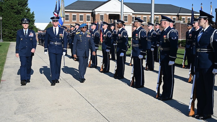 Air Force Chief of Staff Gen. David Allvin hosts Chief of Royal Malaysian Air Force General Tan Sri Dato’ Sri Mohd Asghar Khan bin Goriman Khan during an official welcome ceremony at Joint Base Anacostia-Bolling, Washington, D.C. Sep 10, 2024. The ceremony was part of a week-long counterpart visit during which the Malaysian Air Chief was taken to different Air Force installations around the country to advance mutual interests and strengthen the international partnership. (U.S. Air Force photo by Staff Sgt. Stuart Bright)