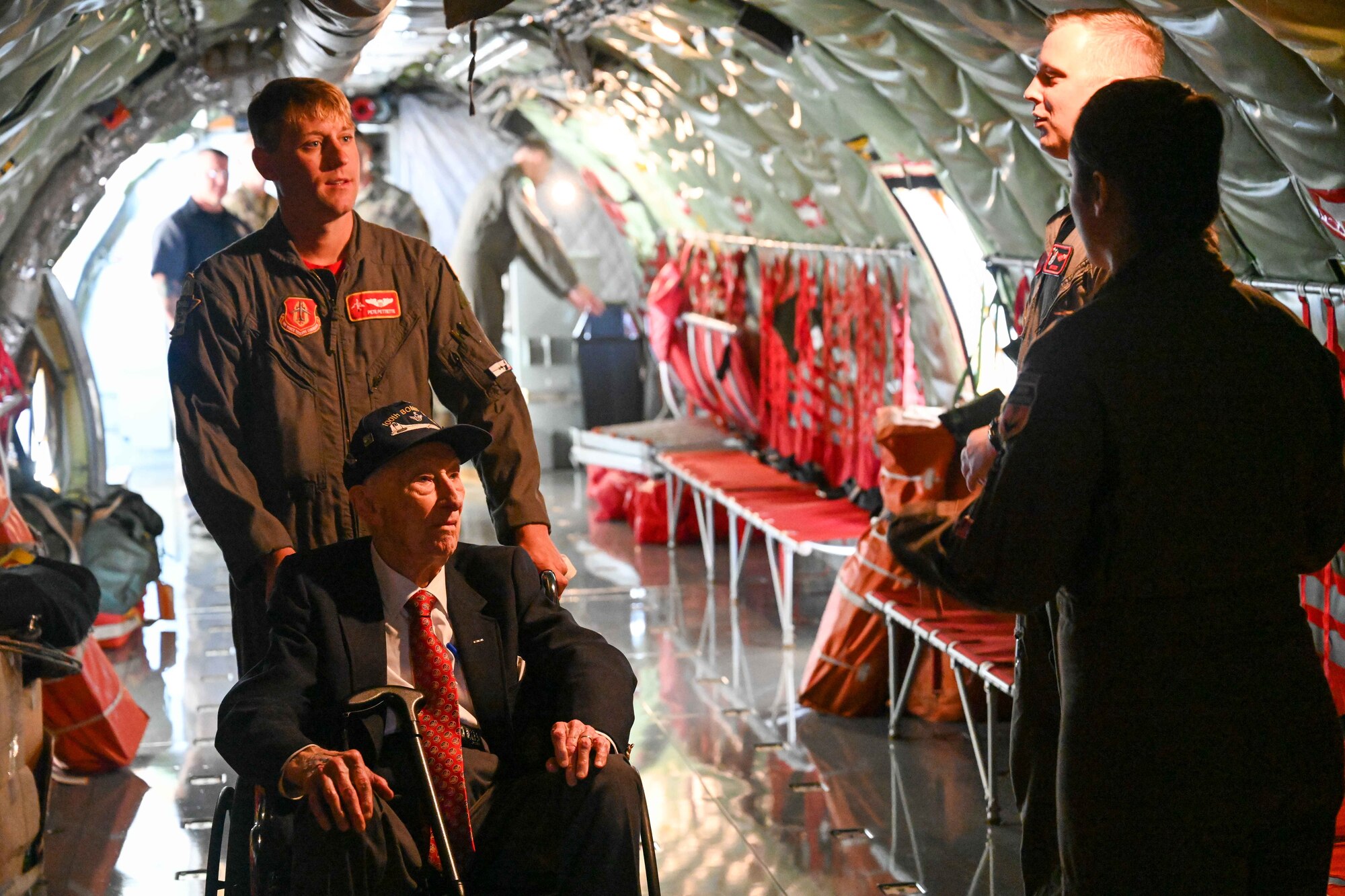 Retired Maj. John “Lucky” Luckadoo takes a tour of a KC-135 Stratotanker Sept. 6, 2024, at McConnell Air Force Base, Kansas. Luckadoo was stationed at McConnell during World War II in the 350th Bomb Squadron. The visit reminded future generations of the sacrifices made by his generation. (U.S. Air Force photo by Senior Airman William Lunn)