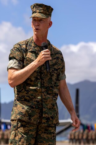 U.S, Marine Corps Lt. Gen James F. Glynn, commander, U.S. Marine Corps Forces, Pacific makes remarks during the U.S. Marine Corps Forces, Pacific change of command ceremony on Marine Corps Air Station Kaneohe Bay, Marine Corps Base Hawaii, Sept. 12, 2024. Lt. Gen. William M. Jurney relinquished command to Glynn. With two-thirds of the Marine Corps’ operating forces assigned, MARFORPAC operates in the U.S. Indo-Pacific Command area of responsibility, the largest Geographical Combatant Command in the U.S. Department of Defense, as the Nation’s expeditionary force-in-readiness. Pacific Marines serve alongside the joint force and like-minded allies and partners to preserve and maintain a free and open Indo-Pacific region. (U.S. Marine Corps photo by Lance Cpl. Hailey J. Riddle-Chan)