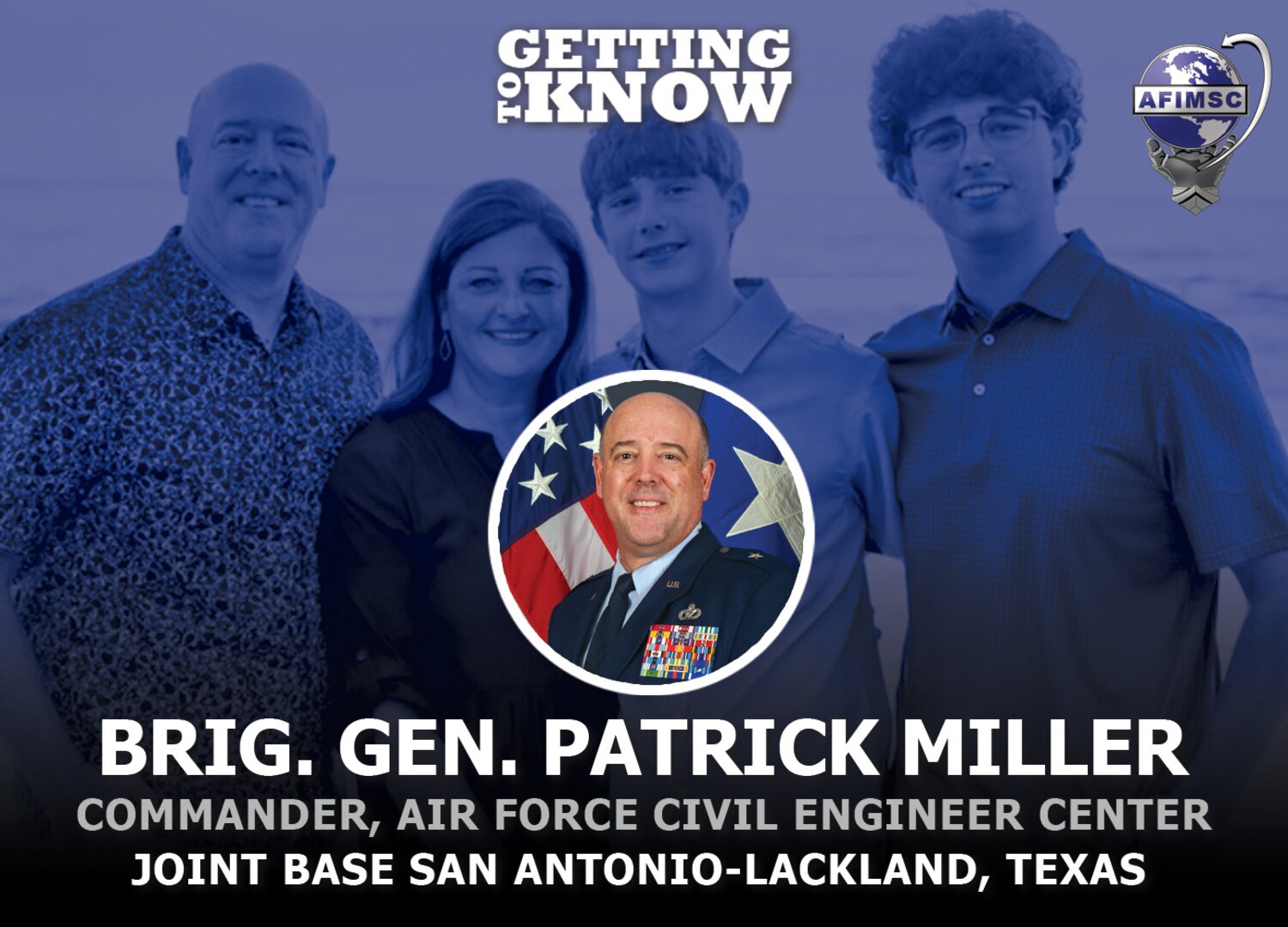 Brig. Gen Patrick Miller official photo along with a picture of him and his family in the background.