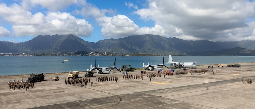 U.S. Marines with U.S. Marine Corps Forces, Pacific stand in formation during the MARFORPAC change of command ceremony on Marine Corps Base Hawaii, Sept. 12, 2024.  With two-thirds of the Marine Corps operating forces assigned, MARFORPAC operates in the U.S. Indo-Pacific Command area of responsibility, the largest Geographical Combatant Command in the U.S. Department of Defense, as the Nation’s expedition force and like-minded allies and partners to preserve and maintain a free and open Indo-Pacific region. (U.S. Marine Corps photo by Staff Sgt. Ash McLaughlin)