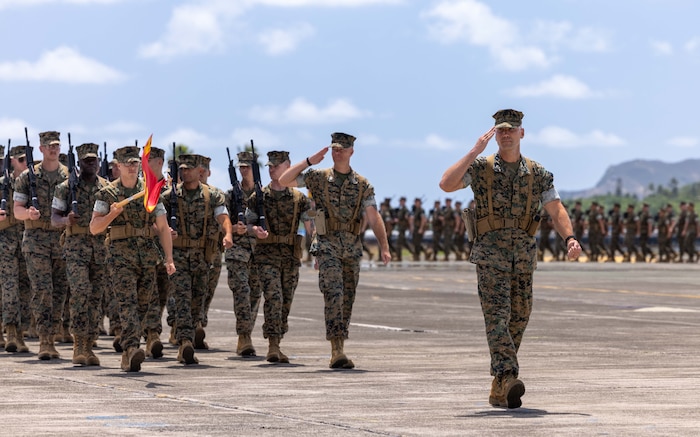U.S. Marine Corps Col. Mark F. Schaefer, commanding officer, with U.S. Marine Corps Forces, Pacific, pass in review during the U.S. Marine Corps Forces, Pacific change of command ceremony on Marine Corps Base Hawaii, Sept. 12, 2024. With two-thirds of the Marine Corps’ operating forces assigned, MARFORPAC operates in the U.S. Indo-Pacific Command area of responsibility, the largest Geographical Combatant Command in the U.S. Department of Defense, as the Nation’s expeditionary force-in-readiness. Pacific Marines serve alongside the joint force and like-minded allies and partners to preserve and maintain a free and open Indo-Pacific region. (U.S. Marine Corps photo by Lance Cpl. Hailey J. Riddle-Chan)