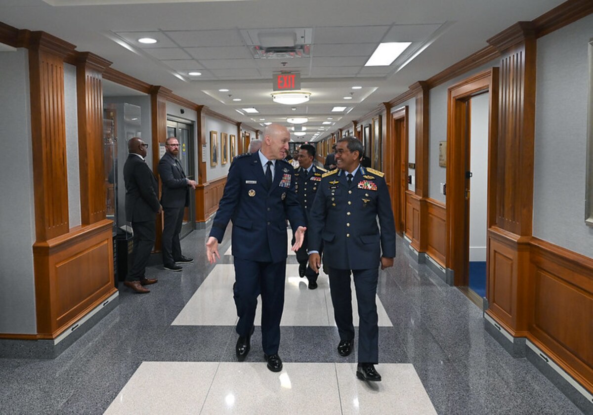 Air Force Chief of Staff Gen. David W. Allvin hosts Chief of Royal Malaysian Air Force Gen. Tan Sri Mohd Asghar bin Goriman Khan during an office call at the Pentagon, Arlington, Va., Sept. 10, 2024. The office call was part of a week-long counterpart visit during which the Malaysian Air Chief visited different Air Force installations around the country to advance mutual interests and strengthen the international partnership. (U.S. Air Force photo by Chad Trujillo)