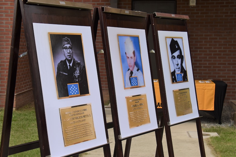 Plaques honoring Medal of Honor recipients 2nd Lt. Darwin K. Kyle, Master Sgt. Woodrow Wilson Keeble and Pvt. Miguel A. Vera, Camp Humphreys, South Korea, Sept. 13, 2024.