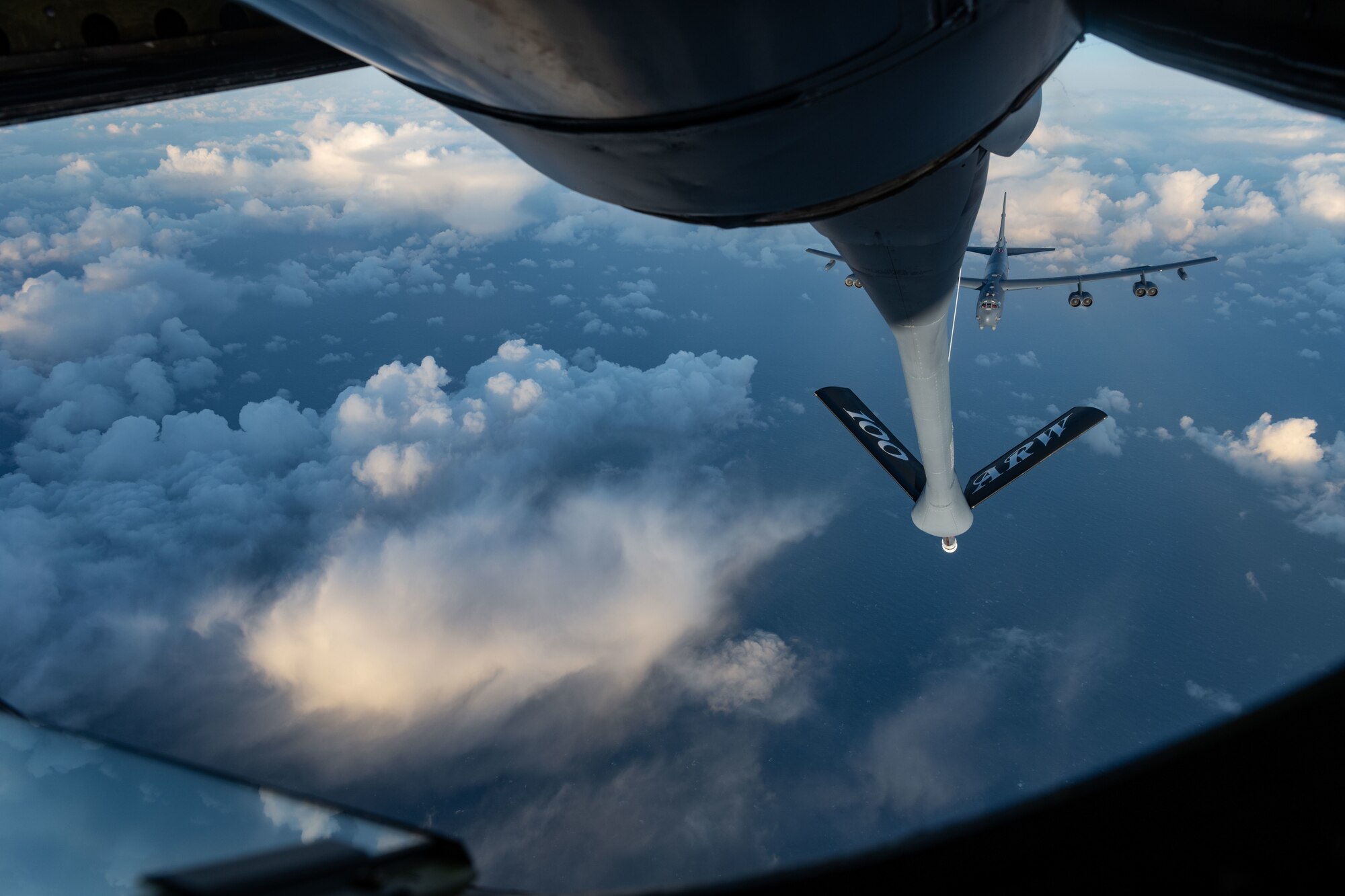 A U.S. Air Force B-52 Stratofortress from the 5th Bomb Wing, Minot Air Force Base, North Dakota, approaches a KC-135 Stratotanker from the 100th Air Refueling Wing, Royal Air Force Mildenhall, England, over the North Sea, Sept. 11, 2024.
