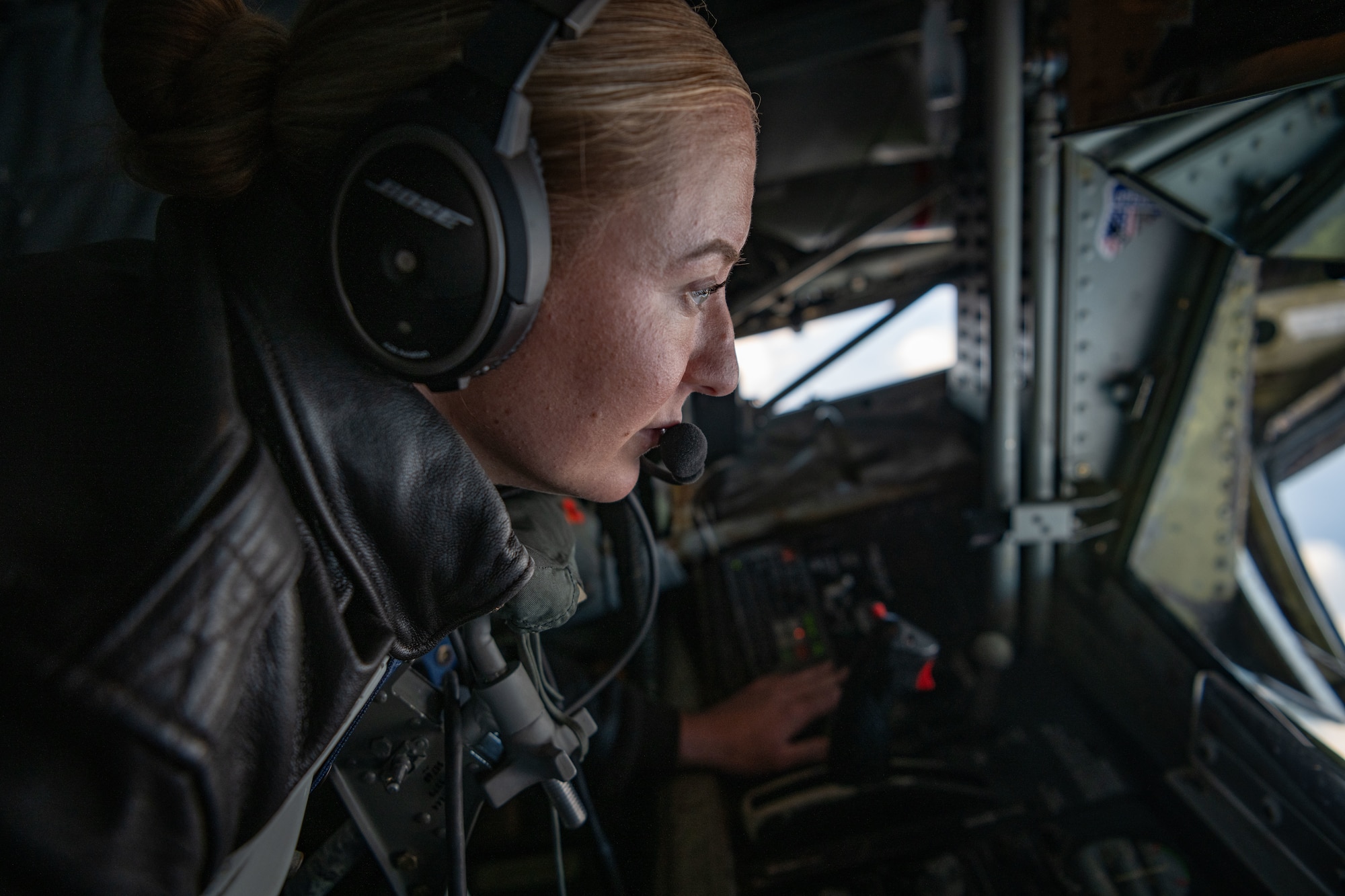 U.S. Air Force Senior Airman Morrigan Denman, 351st Air Refueling Squadron boom operator, provides fuel to a B-52 Stratofortress from the 5th Bomb Wing, Minot Air Force Base, North Dakota, during a bomber task force mission over the North Sea, Sept. 11, 2024.