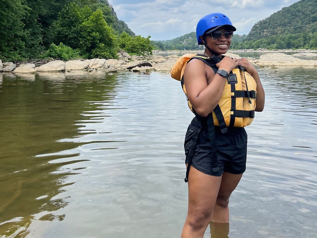 Staff Sgt. Julia Vickers in the adaptive reconditioning event of white-water rafting
