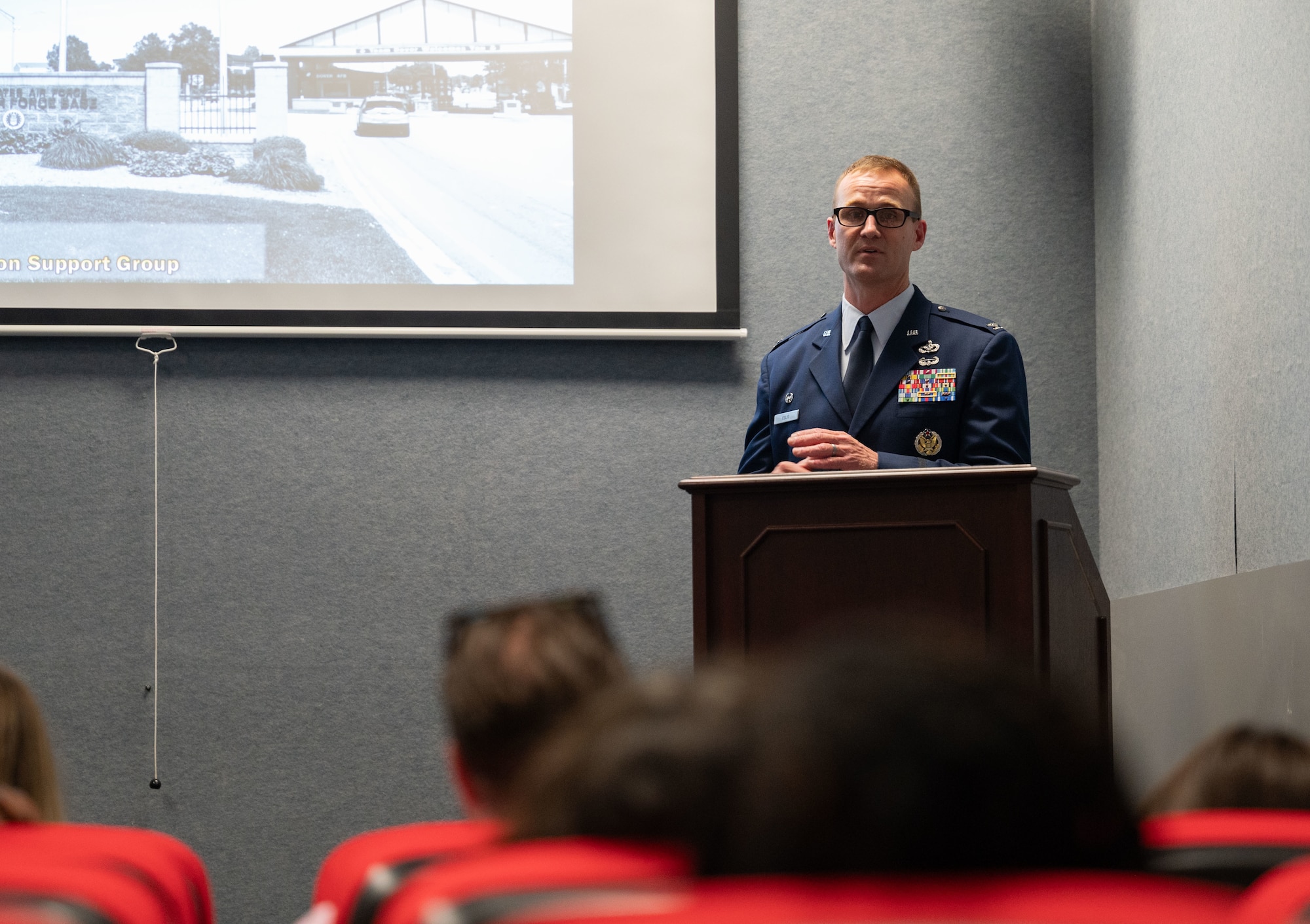 U.S. Air Force Col. Brian Ellis, 436th Mission Support Group commander, speaks at a mission brief for Leadership Delaware Inc. at the Air Mobility Command Museum at Dover Air Force Base, Delaware, Sept. 6, 2024. Ellis briefed LDI members on the Dover AFB mission, shared his knowledge and answered questions from its members. LDI is a nonprofit that recruits young leaders from Delaware to develop them into leaders that can foster positive change in their community. (U.S. Air Force photo by Airman Liberty Matthews)