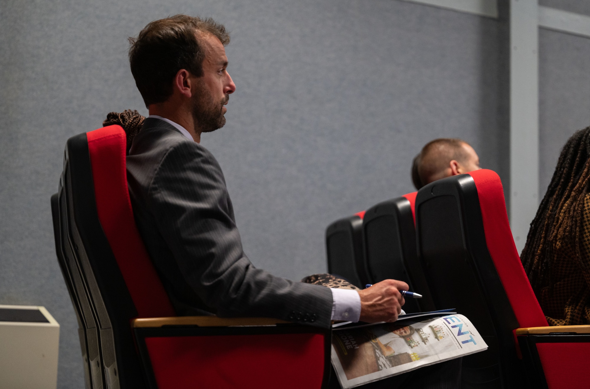Bryan Mack, Delaware Prosperity Partnership business development manager, listens to a mission brief at the Air Mobility Command Museum at Dover Air Force Base, Delaware, Sept. 6, 2024. U.S. Air Force Col. Brian Ellis, 436th Mission Support Group commander, briefed Leadership Delaware Inc. members on the Dover AFB mission, shared his knowledge and answered questions from members. LDI is a nonprofit that recruits young leaders from Delaware to develop them into leaders that can foster positive change in their community. (U.S. Air Force photo by Airman Liberty Matthews)