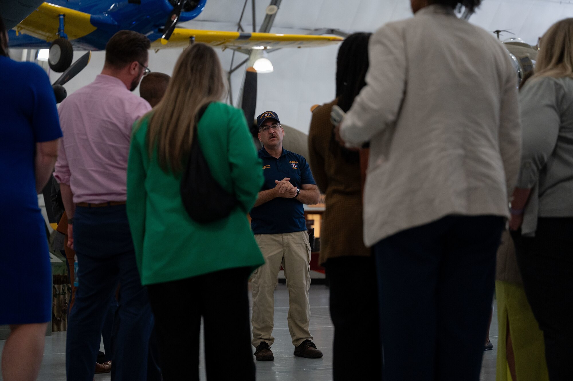 Eric Czerwinski, Air Mobility Command Museum deputy director, leads a tour for Leadership Delaware Inc. at the AMC Museum at Dover Air Force Base, Delaware, Sept. 6, 2024. U.S. Air Force Col. Brian Ellis, 436th Mission Support Group commander, briefed LDI members on the Dover AFB mission, shared his knowledge and answered questions from members. LDI is a nonprofit that recruits young leaders from Delaware to develop them into leaders that can foster positive change in their community. (U.S. Air Force photo by Airman Liberty Matthews)