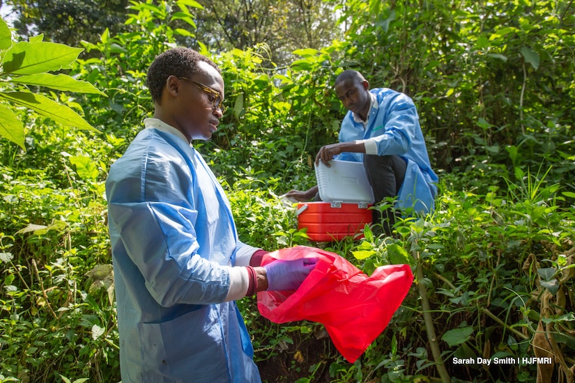 Scientists collect samples near bodies of water.