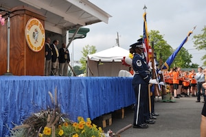 The 910th Airlift Wing Base Honor Guard performs a colors presentation during the opening ceremony of the 178th Canfield Fair at the Canfield Fairgrounds, Aug. 29, 2024.