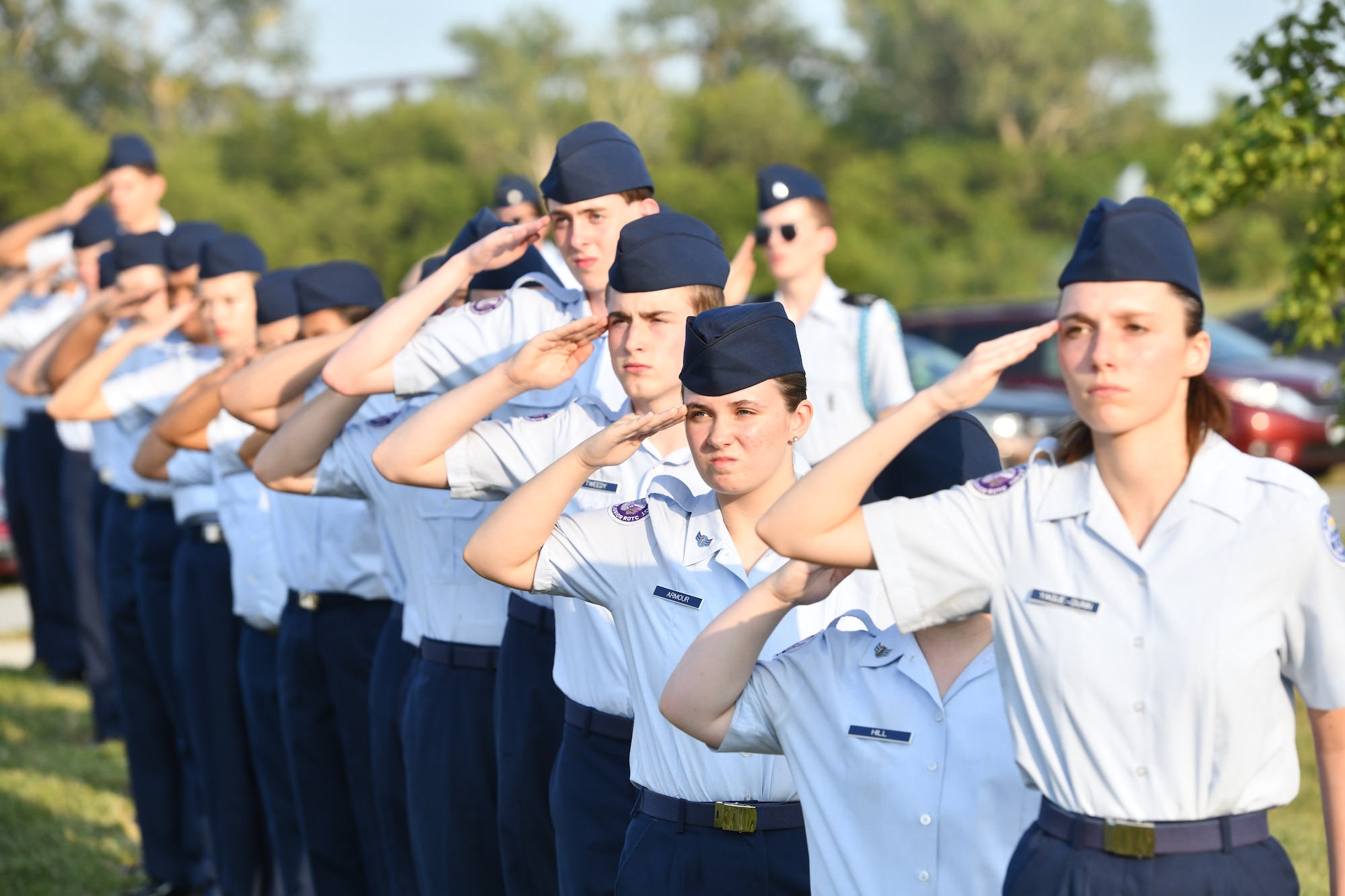 Junior Reserve Officer Training Corps. (ROTC) members from Bellevue East, Bellevue West, and Abraham Lincoln high schools salute during the 9/11 remembrance ceremony at American Heroes Park  in Bellevue, Neb. on Sept. 11, 2024. (U.S. Air Force photo by Chad Watkins)