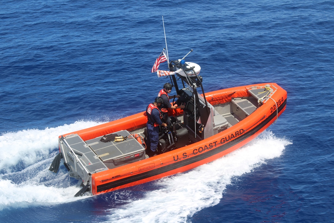 Coast Guard Cutter Diligence (WMEC 616) crew members conduct small boat training, Aug. 7, 2024, while underway in the Florida Straits. Diligence's crew conducted maritime safety and security missions during a 41-day patrol in the Florida Straits and Windward Passage. (U.S. Coast Guard photo by Ensign Christina Liano Mock)