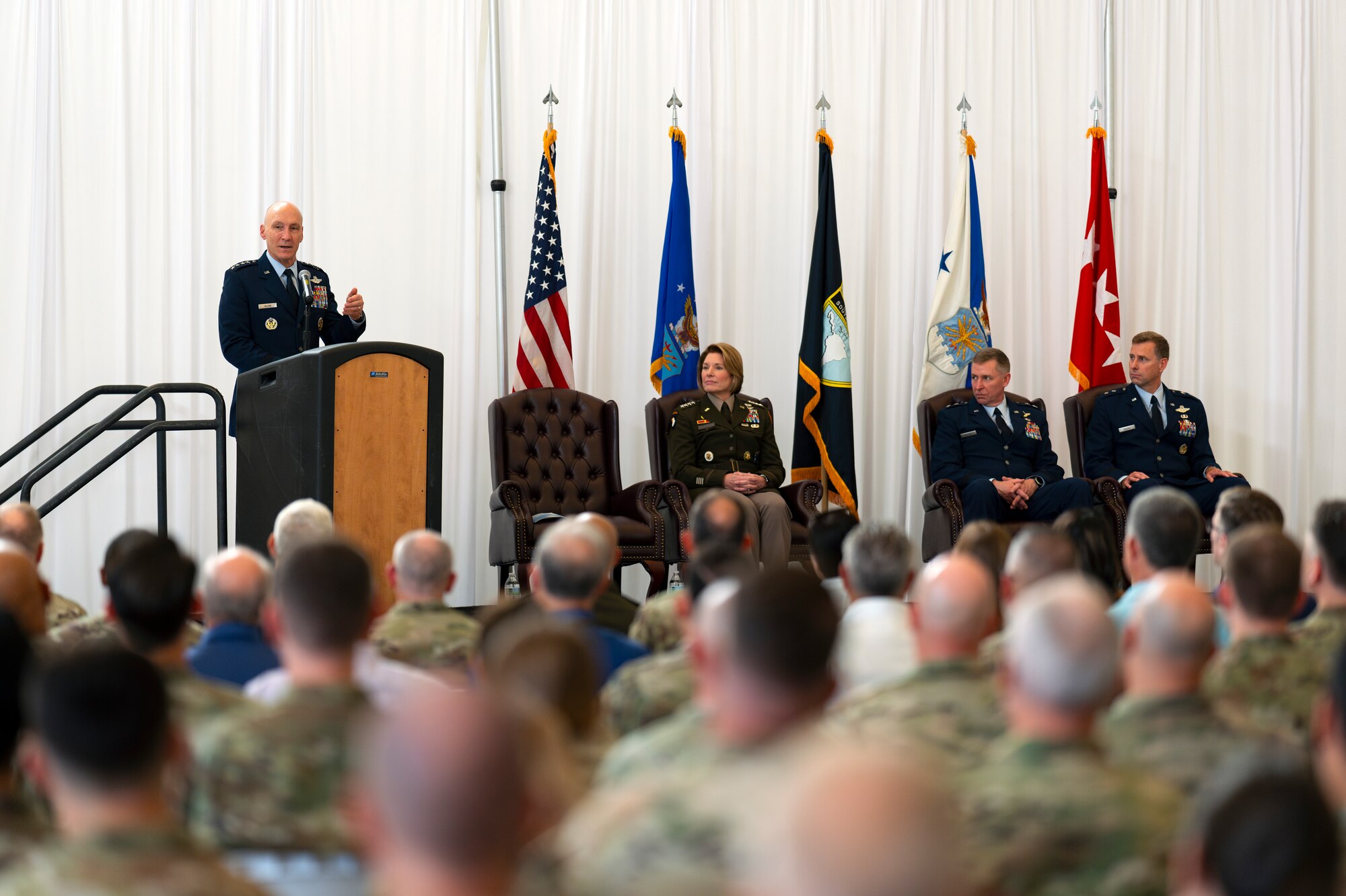 U.S. Air Force Chief of Staff Gen. David Allvin speaks during a Change of Command and activation ceremony for Air Forces Southern at Davis-Monthan Air Force Base, Arizona, Sep. 11, 2024. At the direction of the Secretary of the Air Force, Air Forces Southern was elevated to a Service Component Command.  The Air Force is organizing its major commands, or MAJCOMs, into Institutional Commands, responsible for organizing, training, and equipping Airmen, and Service Component Commands, responsible for preparing Airmen for warfighting in a combatant command’s area of responsibility. The changes are part of the Department of the Air Force’s Great Power Competition initiative. (U.S. Air Force photo by Tech. Sgt. Rachel Maxwell)