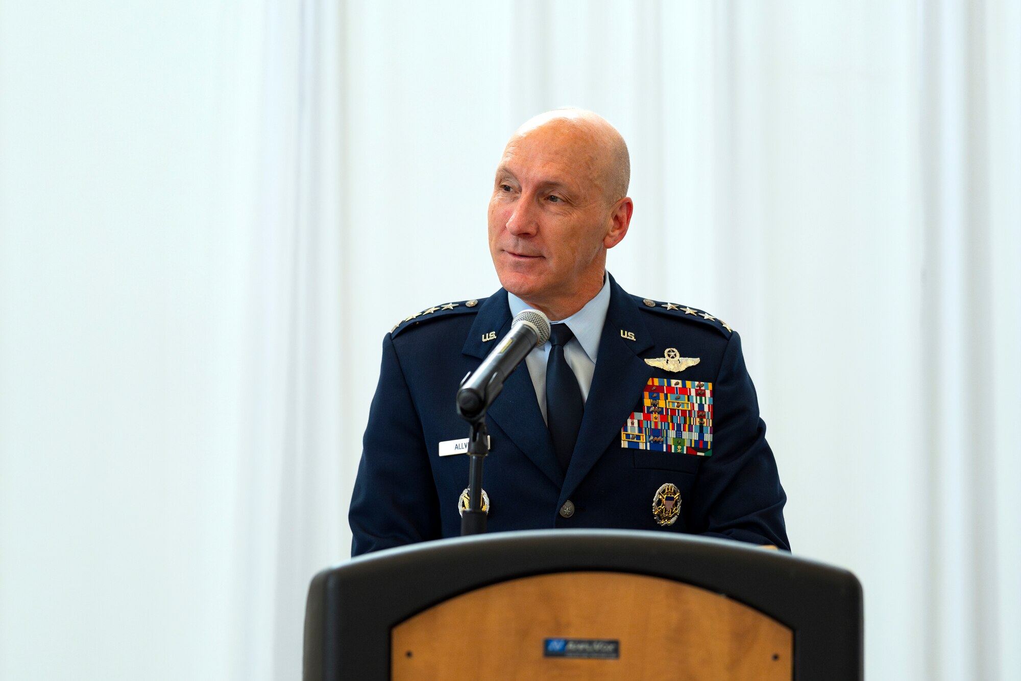 U.S. Air Force Chief of Staff Gen. David Allvin speaks during a Change of Command and activation ceremony for Air Forces Southern at Davis-Monthan Air Force Base, Arizona, Sep. 11, 2024. The ceremony marked a significant change in the command as it marked the activation of Air Forces Southern becoming a Service Component Command. The Air Force is organizing its major commands, or MAJCOMs, into Institutional Commands, responsible for organizing, training, and equipping Airmen, and Service Component Commands, responsible for preparing Airmen for warfighting in a combatant command’s area of responsibility. The changes are part of the Department of the Air Force’s Great Power Competition initiative. (U.S. Air Force photo by Tech. Sgt. Rachel Maxwell)