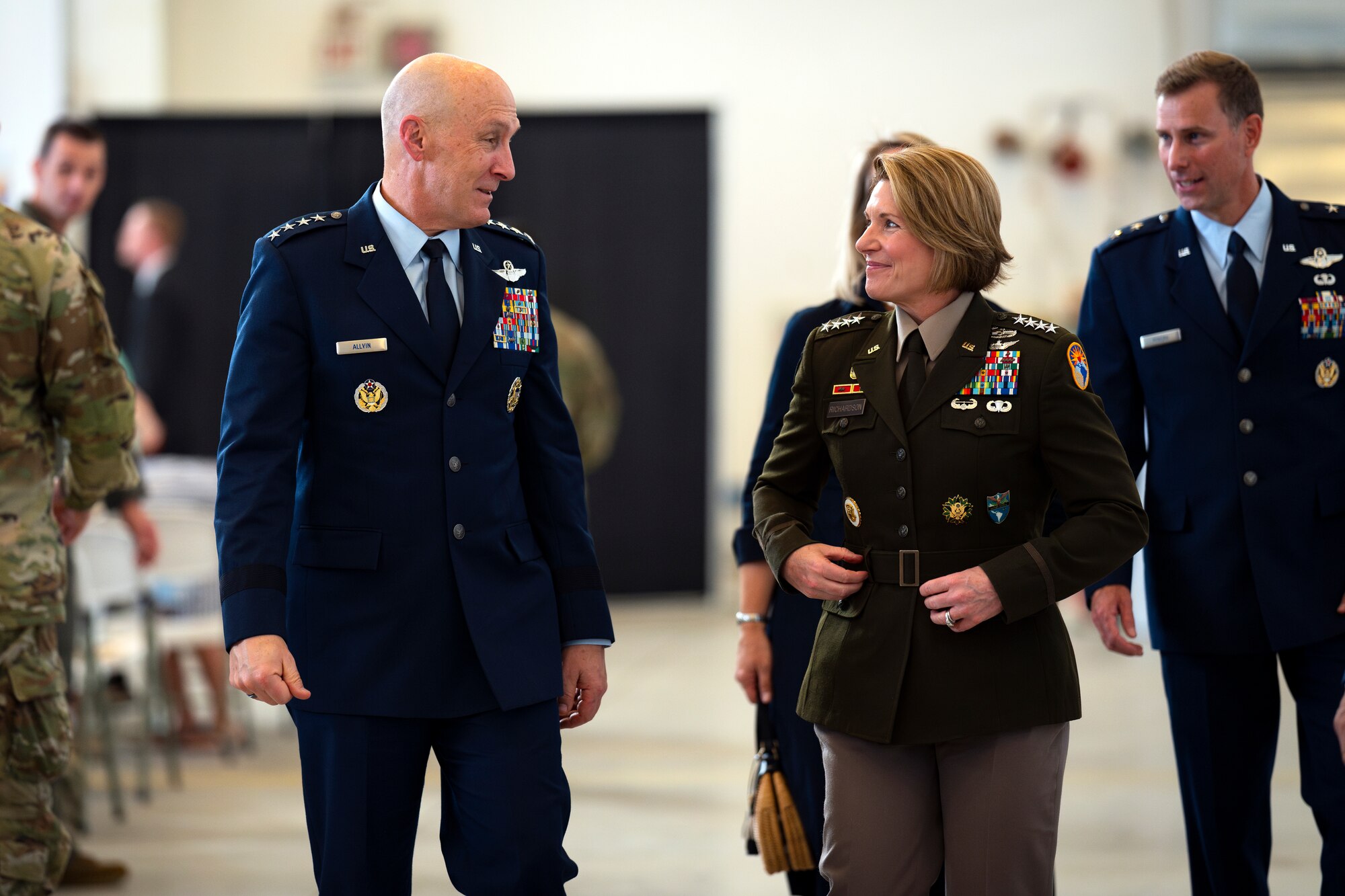 U.S. Air Force Chief of Staff Gen. David Allvin, left, and the Commander of U.S. Southern Command, Gen. Laura Richardson, right, complete a Change of Command and activation ceremony for Air Forces Southern at Davis-Monthan Air Force Base, Arizona, Sep. 11, 2024. The ceremony marked a significant change in the command as it marked the activation of Air Forces Southern becoming a Service Component Command. (U.S. Air Force photo by Tech. Sgt. Rachel Maxwell)