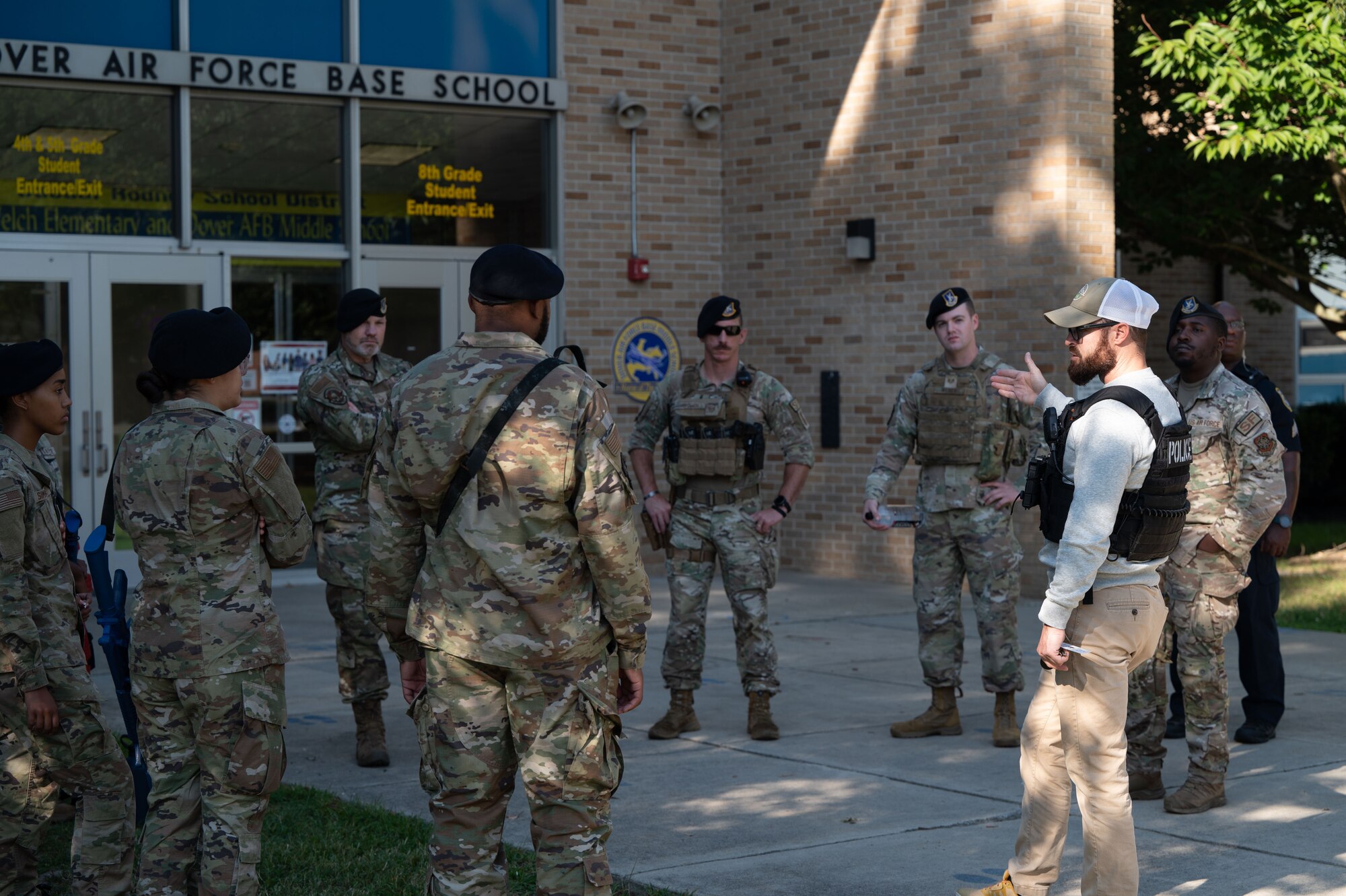 Airmen from the 436th Security Forces Squadron learn about school protection during school shooter response training at Dover, Delaware, Sept. 10, 2024. The training was used to aid the 436th SFS in reaffirming readiness in response to an active school shooter. (U.S. Air Force Photo by Senior Airman Dieondiere Jefferies)