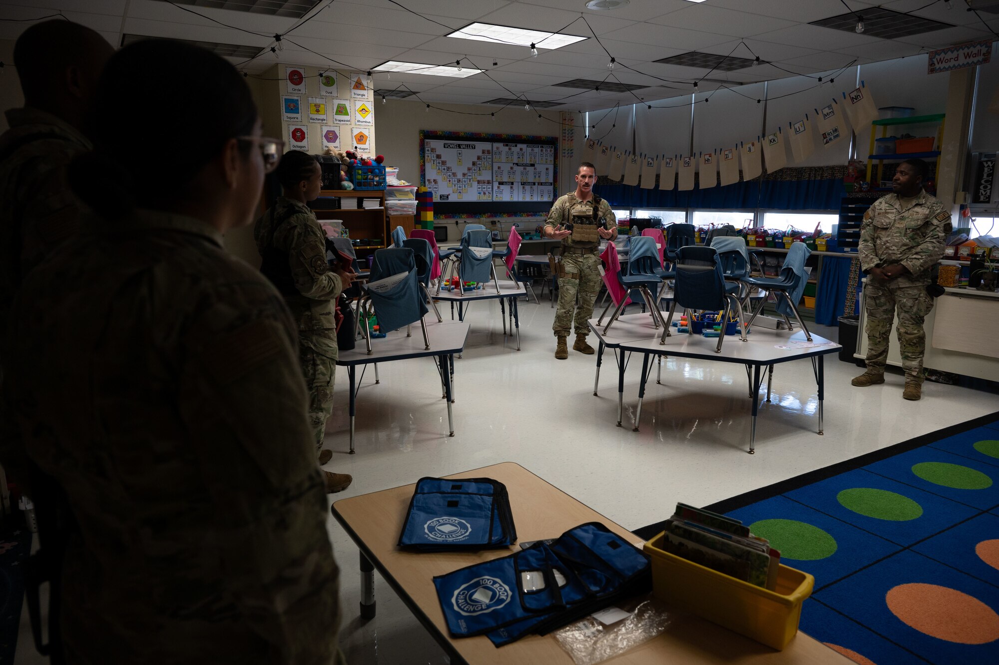 Airmen from the 436th Security Forces Squadron learn how to clear a classroom during school shooter response training at Dover, Delaware, Sept. 10, 2024. The training was used to aid the 436th SFS in reaffirming readiness in response to an active school shooter. (U.S. Air Force Photo by Senior Airman Dieondiere Jefferies)