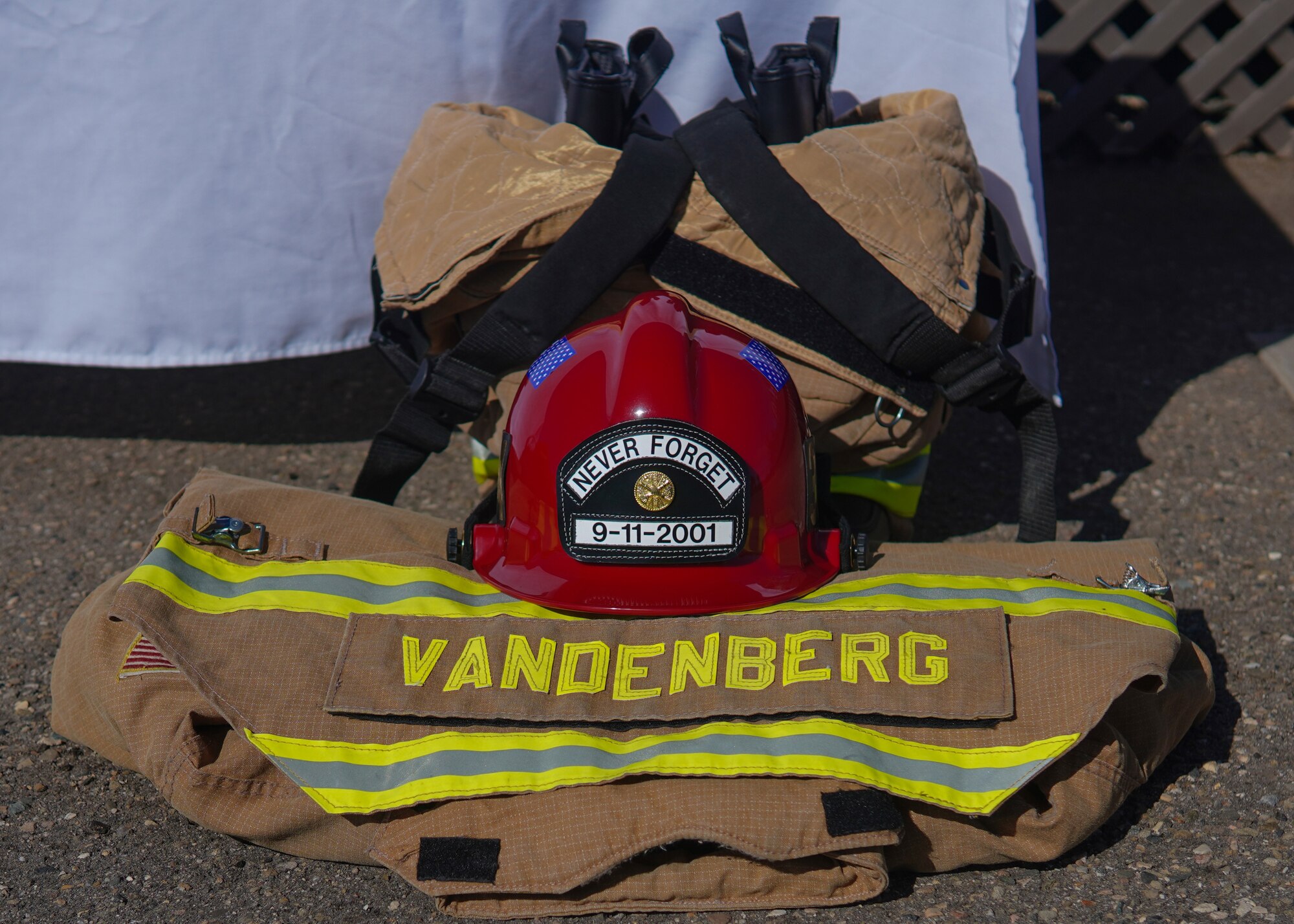 Firefighter gear is on display during a 9/11 remembrance ceremony.