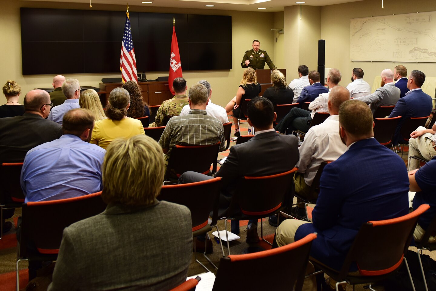 Lt. Col. Robert W. Green, U.S. Army Corps of Engineers Nashville District commander, makes opening comments about the class during a graduation ceremony for the Leadership Development Program Level II Course Sept. 11, 2024, at the district headquarters in Nashville, Tennessee. (USACE Photo by Lee Roberts)