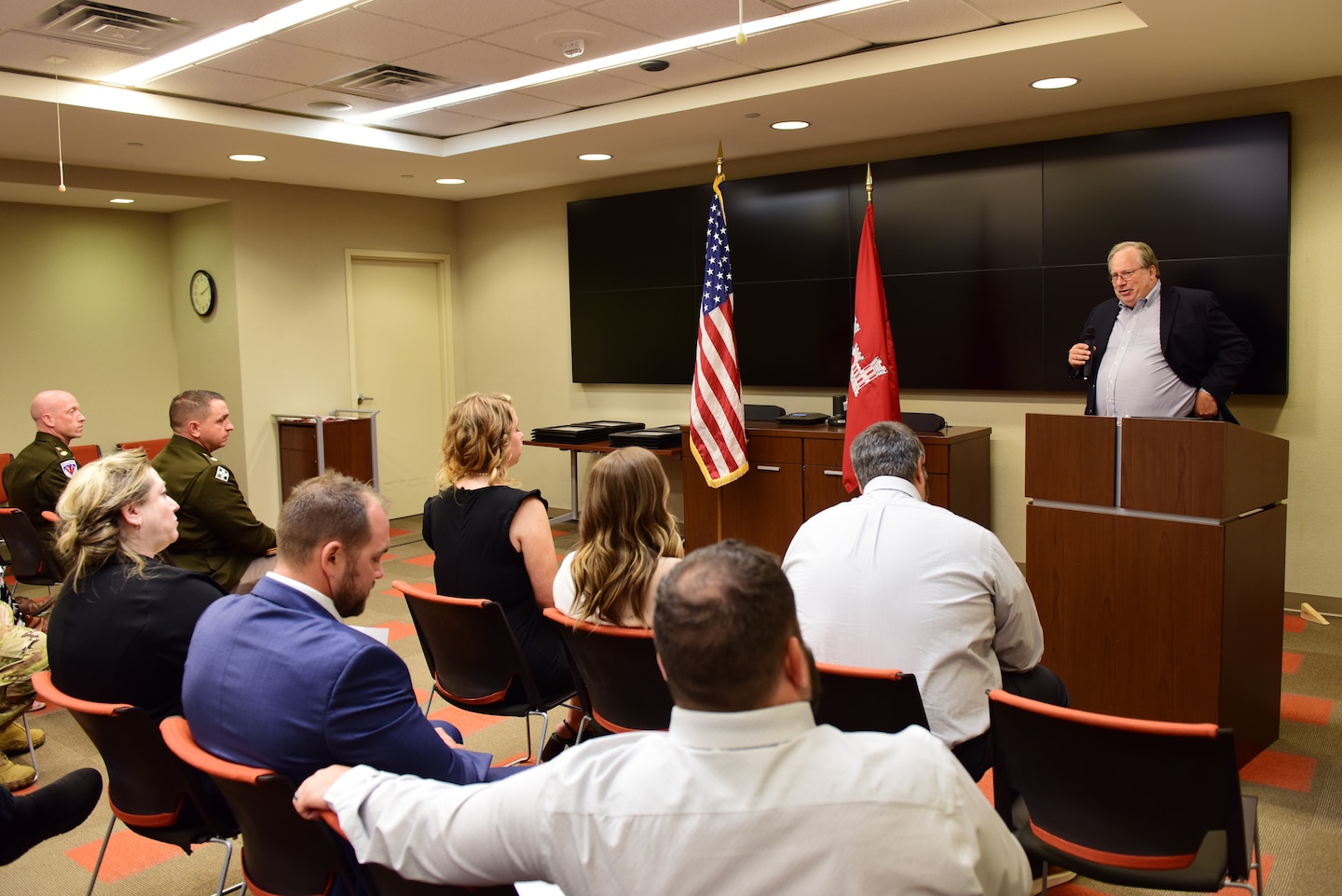 Dr. Michael Evans, course instructor for the 2024 Leadership Development Program Level II Course, talks about the program’s objectives and activities during the program’s graduation ceremony Sept. 11, 2024, at the district headquarters in Nashville, Tennessee. (USACE Photo by Lee Roberts)