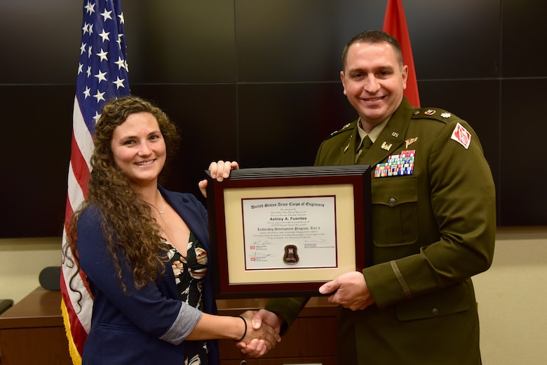Ashley A. Fuentes, U.S. Army Corps of Engineers Nashville District, receives a certificate of completion for the 2024 Leadership Development Program Level II Course from Lt. Col. Robert W. Green, Nashville District commander, during a graduation ceremony Sept. 11, 2024, at the district headquarters in Nashville, Tennessee. (USACE Photo by Lee Roberts)