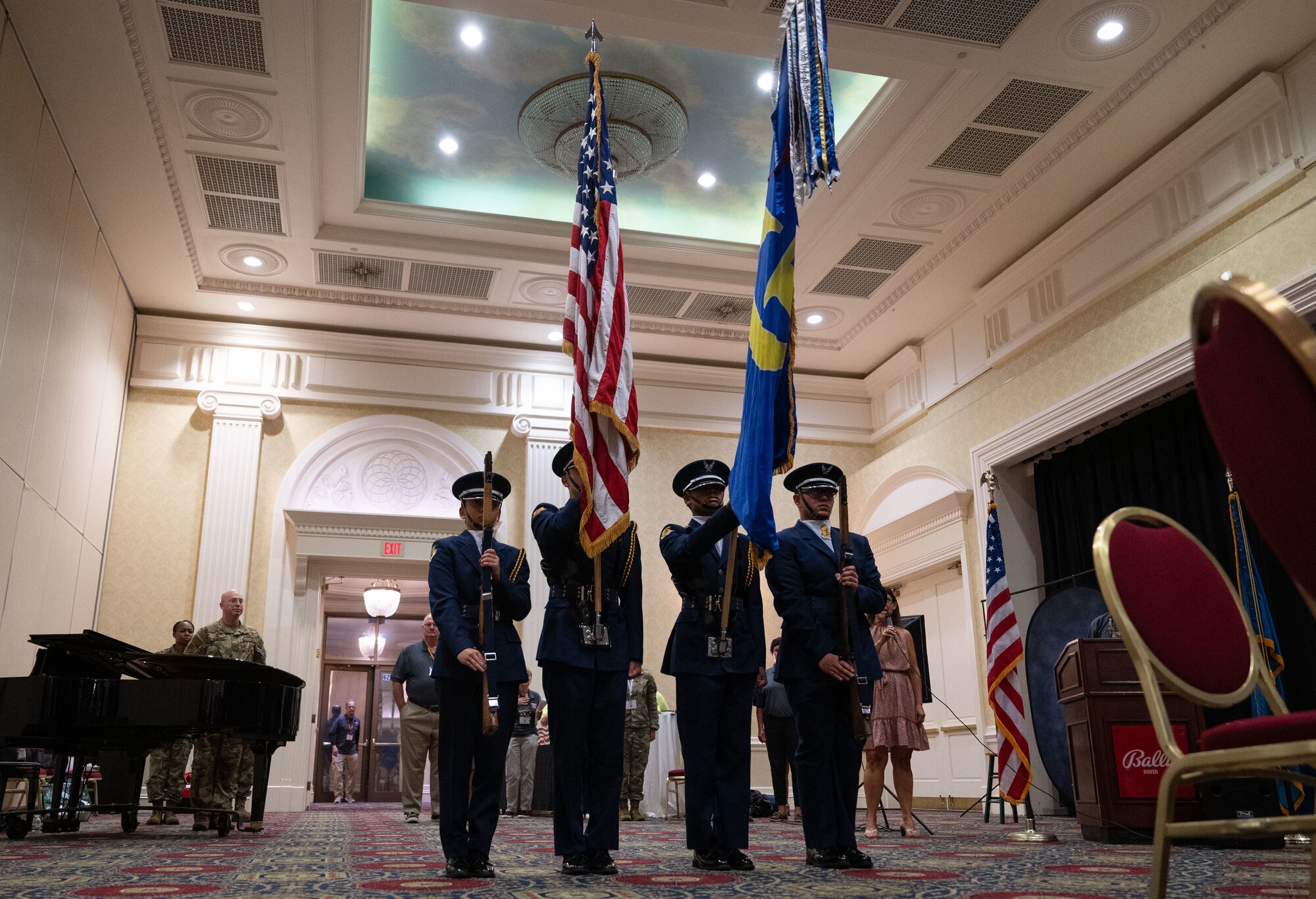 The color guard from Caesar Rodney High School displays the colors for the Capital Region Honor Flight send-off at Bally’s Dover Casino Resort, Dover, Delaware, Sept. 12, 2024. The Honor Flight is a program for U.S. veterans to visit monuments in Washington D.C. for a day, honoring them and giving proper recognition to their service. (U.S. Air Force photo by Airman Liberty Matthews)