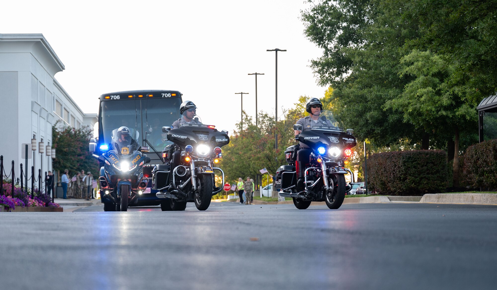 Delaware State police lead the way for the Capital Region Honor Flight bus for their trip to Washington D.C., at Bally’s Dover Casino Resort, Dover, Delaware, Sept. 12, 2024. The Honor Flight is a program for U.S. veterans to visit monuments in Washington D.C. for a day, honoring them and giving proper recognition to their service. (U.S. Air Force photo by Airman Liberty Matthews)