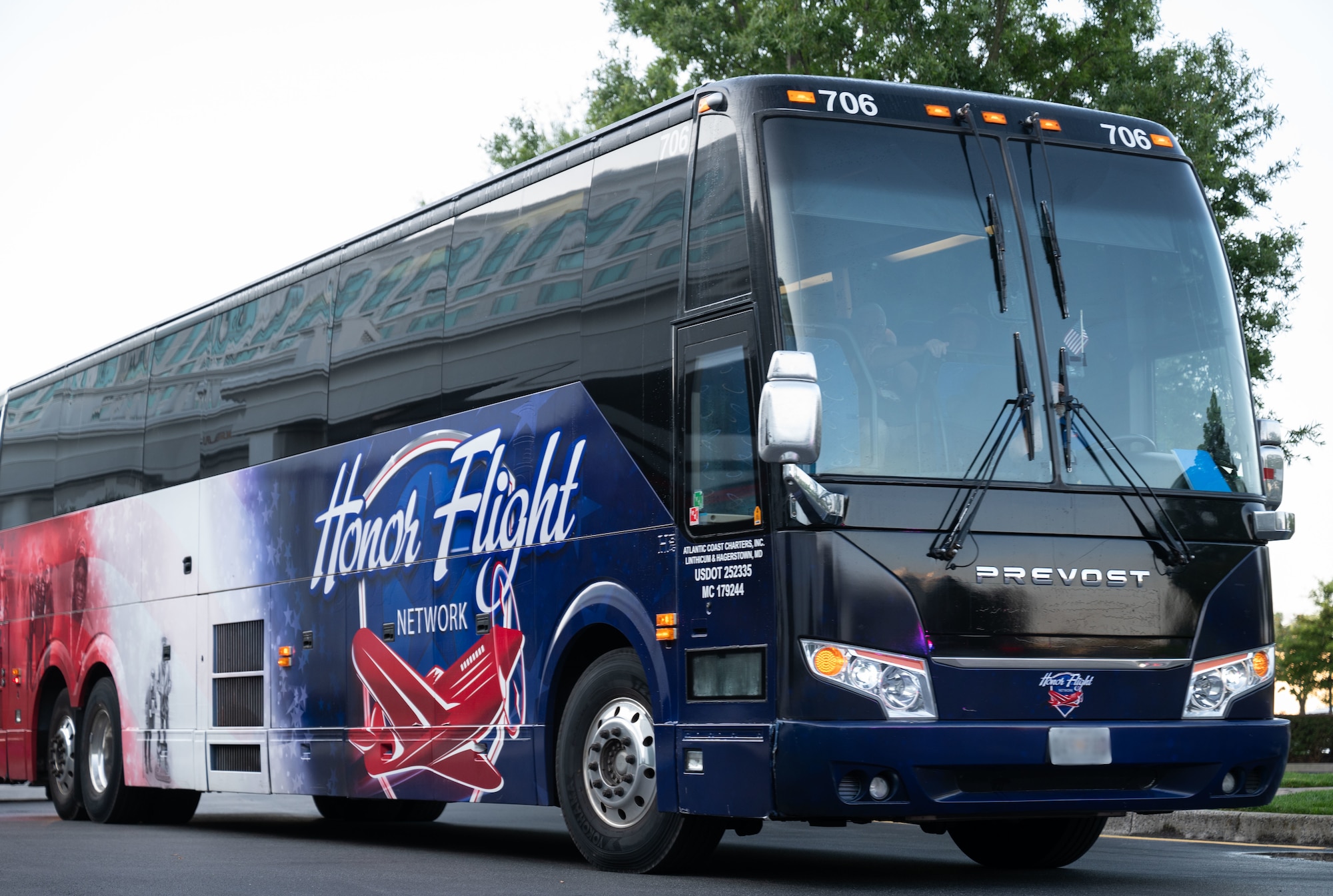 The Capital Region Honor Flight bus leaves the parking lot for their trip to Washington D.C. from Bally’s Dover Casino Resort, Dover, Delaware, Sept. 12, 2024. The Honor Flight is a program for U.S. veterans to visit monuments in Washington D.C. for a day, honoring them and giving proper recognition to their service. (U.S. Air Force photo by Airman Liberty Matthews)