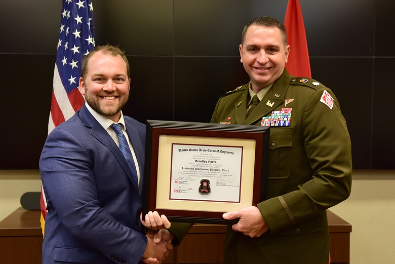Bradley Potts, U.S. Army Corps of Engineers Nashville District, receives a certificate of completion for the 2024 Leadership Development Program Level II Course from Lt. Col. Robert W. Green, Nashville District commander, during a graduation ceremony Sept. 11, 2024, at the district headquarters in Nashville, Tennessee. (USACE Photo by Lee Roberts)