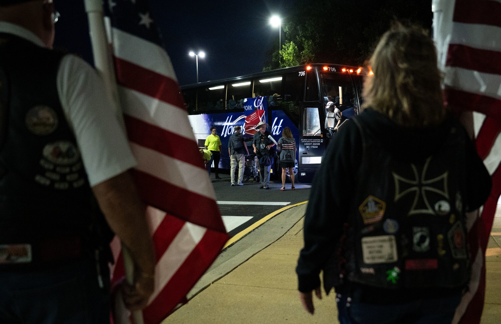 Veterans with the Capital Region Honor Flight arrive at the welcome home event at Bally’s Dover Casino Resort, Dover, Delaware, Sept. 12, 2024. The Honor Flight is a program for U.S. veterans to visit monuments in Washington D.C. for a day, honoring them and giving proper recognition to their service. (U.S. Air Force photo by Airman Liberty Matthews)