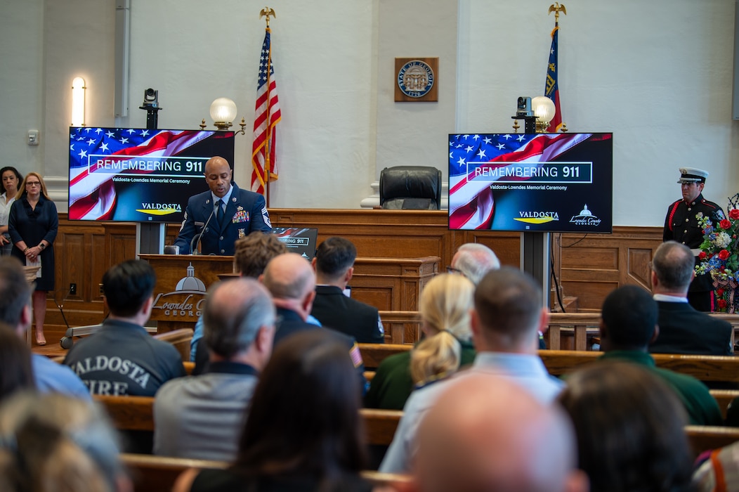 U.S. Air Force Chief Master Sgt. Dion Bullock, 23rd Civil Engineer Squadron fire chief, speaks about his experience with 9/11 at Lowndes County Courthouse, Valdosta, Georgia, Sept. 11, 2024. The memorial ceremony paid homage to the courageous firefighters and other rescue workers who perished in the attack. (U.S. Air Force photo by Airman 1st Class Iain Stanley)