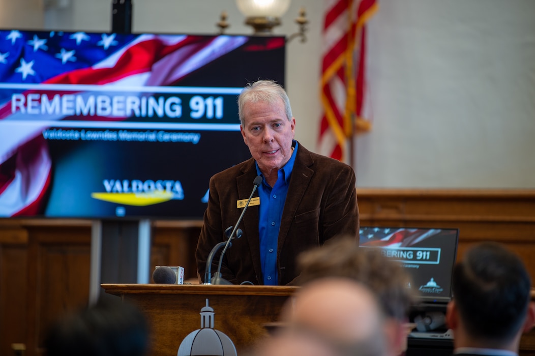 Mayor Scott James Matheson, Valdosta mayor, speaks at Lowndes County Courthouse, Valdosta, Georgia, Sept. 11, 2024. Matheson retold his experience with 9/11 to the attendees and urged them to never forget what happened. (U.S. Air Force photo by Airman 1st Class Iain Stanley)