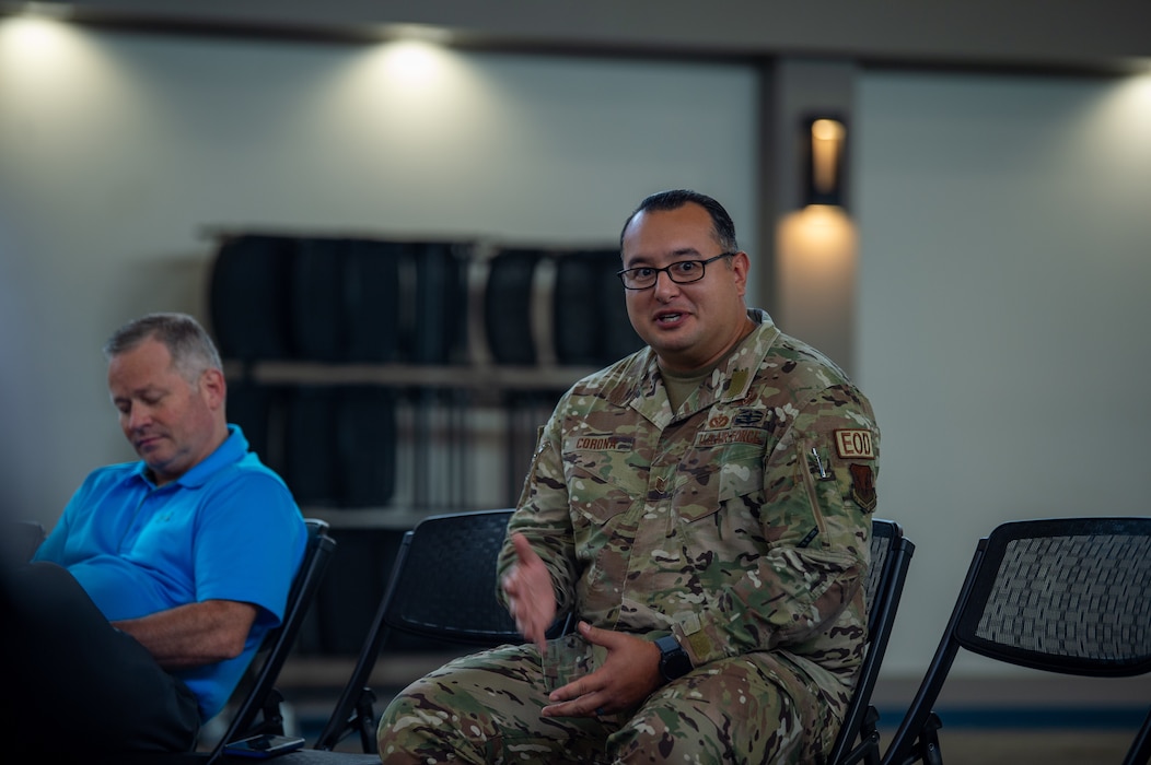 U.S. Air Force Tech. Sgt. Guadalupe Corona, 23rd Civil Engineer Squadron explosive ordnance disposal technician, shares his story about at Moody Air Force Base, Georgia, Sept. 10, 2024. Corona’s goal is to share his story to as many people as possible to raise awareness and help prevent suicides. (U.S. Air Force photo by Airman 1st Class Iain Stanley)