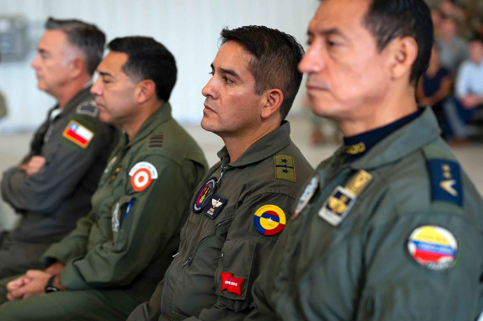 Foreign liaison officers from Ecuador, Colombia, Peru and Chile attend a Change of Command and activation ceremony for Air Forces Southern at Davis-Monthan Air Force Base, Arizona, Sep. 11, 2024. The foreign liaison officers serve as direct conduits and integrate into AFSOUTH headquarters to represent their nation’s equities within the U.S. Southern Command Area of Responsibility. (U.S. Air Force photo by Tech. Sgt. Rachel Maxwell)