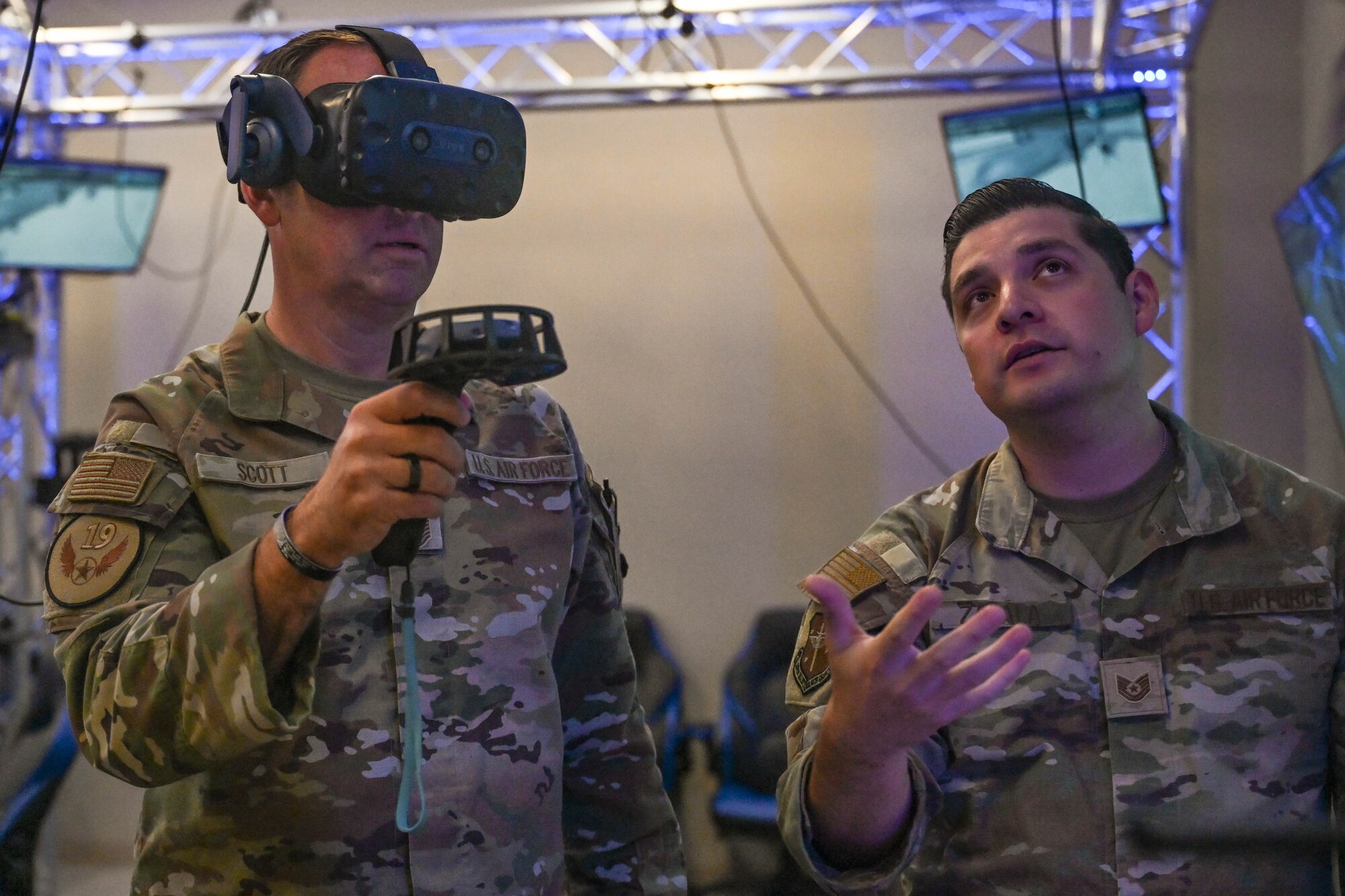 Chief Master Sgt. Keith M. Scott uses a virtual reality headset.