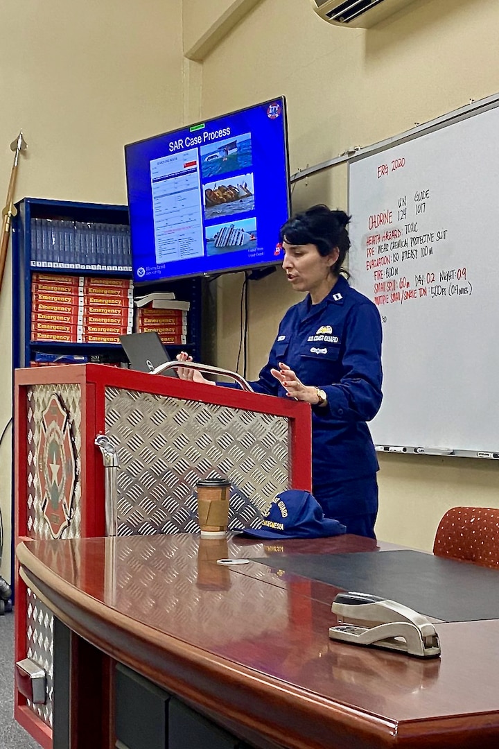 Lt. Chelsea Garcia, of the response department and a search and rescue mission coordinator, discusses search fundamentals as U.S. Coast Guard Forces Micronesia/Sector Guam and Station Apra Harbor personnel team up with local rescue units and enforcement officers from the Commonwealth of the Northern Mariana Islands for an intensive three-day Search and Rescue Exercise (SAREx) in Saipan from Sept. 10-12, 2024. This year's exercise brought together a robust team of responders, including members from the CNMI Department of Emergency and Medical Services, CNMI Customs and Biosecurity, CNMI Homeland Security and Emergency Management, and the CNMI Division of Fish & Wildlife, all working towards enhancing search and rescue capabilities, communication protocols, and partnerships within the Northern Marianas. (U.S. Coast Guard photo by Chief Petty Officer Richard Hofschneider)