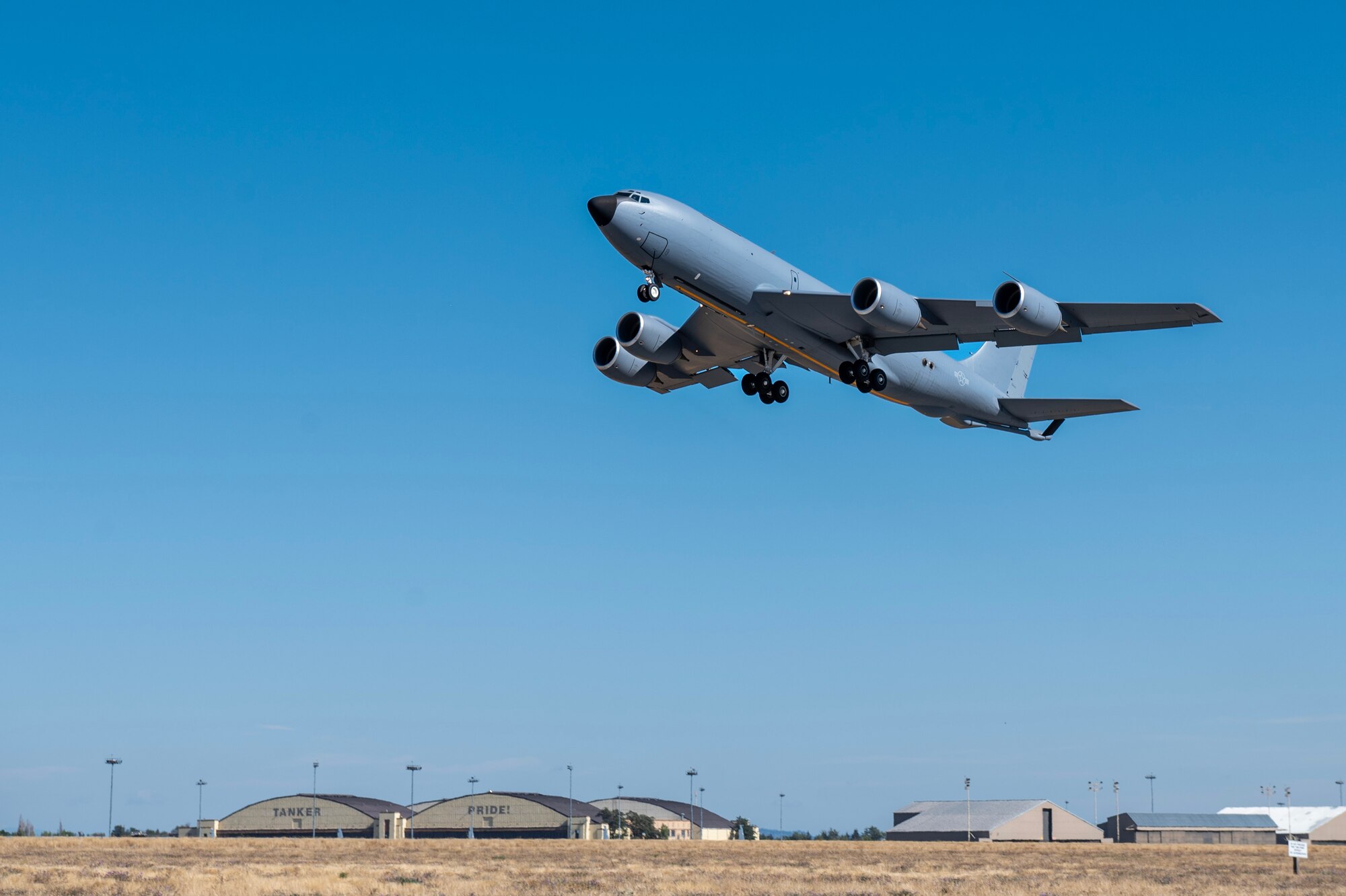 A KC-135 Stratotanker assigned to the 92nd Air Refueling Wing takes off during exercise Titan Fury 24-7 at Fairchild Air Force Base, Washington, Sept. 13, 2024. The KC-135s conducted minimum-interval takeoffs, a critical procedure used in aviation to ensure that aircraft can safely take off and climb to their assigned altitude without interfering with other aircraft's flight paths. Titan Fury is a recurring total force exercise that ensures Fairchild’s Airmen are trained and ready to provide Rapid Global Mobility at a moment’s notice in support of strategic deterrence and the National Defense Strategy. This exercise is an example of how the 92nd Air Refueling Wing is engaged, postured and ready with a credible force to assure, deter and defend in an increasingly complex security environment. (U.S. Air Force photo by Senior Airman Morgan St Marks)