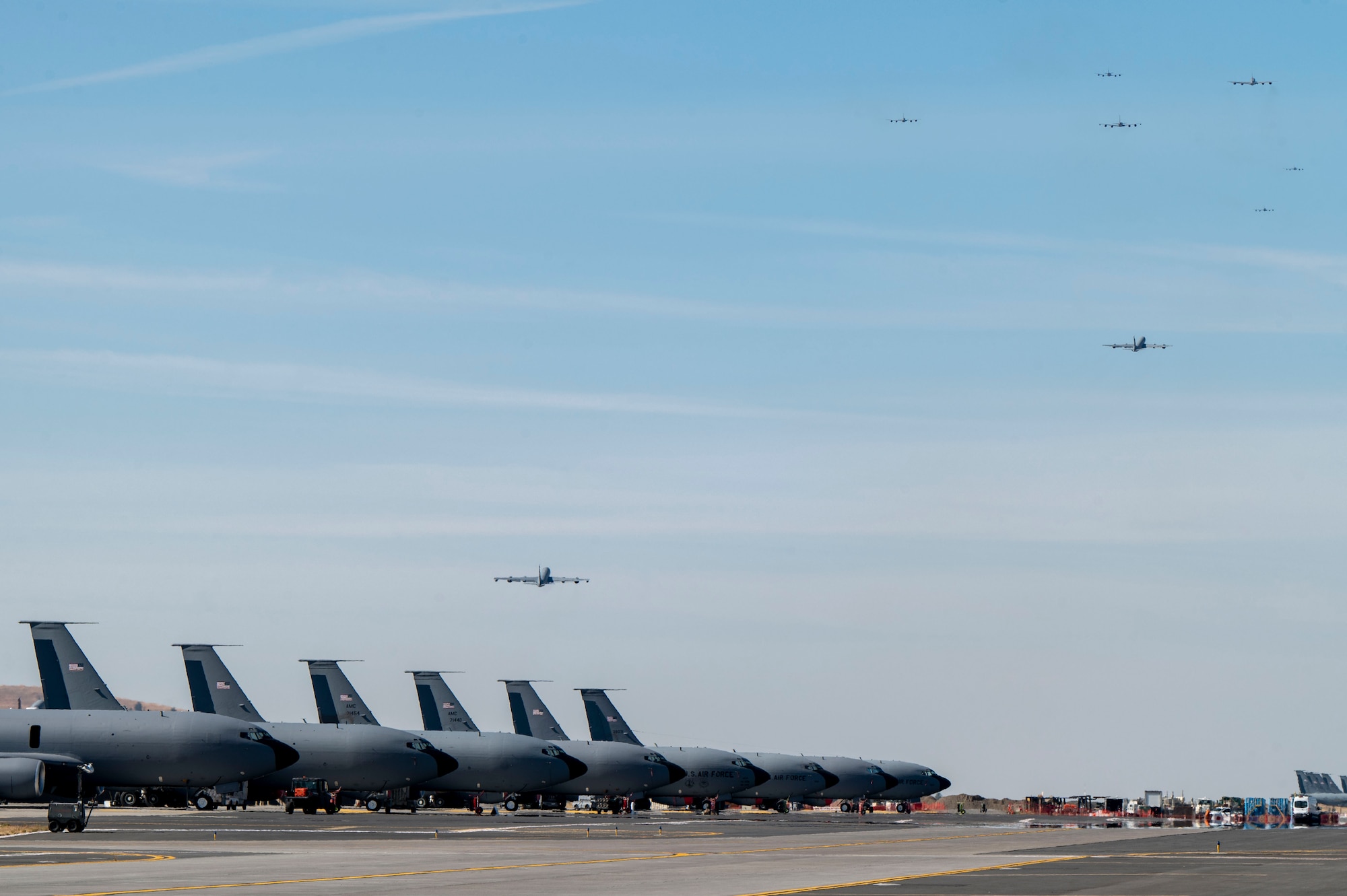 Jets take off from the flightline.
