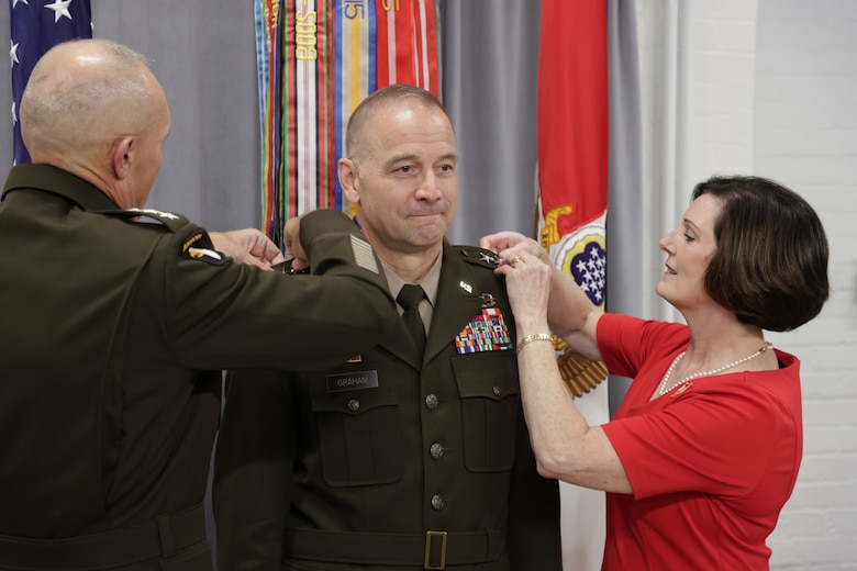 Gen. Randy A. George and Mrs. Janet Graham participate in the promotion ceremony of Lt. Gen. William "Butch" Graham Jr., center, on Sept. 13, 2024, prior to a Change of Command ceremony for the U.S. Army Corps of Engineers. During the Change of Command, Lt. Gen. Graham assumed command of the U.S. Army Corps of Engineers from Lt. Gen. Scott Spellmon. The event included a promotion ceremony for now-Lt. Gen. Graham and a retirement ceremony in honor of Lt. Gen. Spellmon. The ceremonies were hosted by U.S. Army Chief of Staff Gen. Randy A. George and conducted by the 3d U.S. Infantry Regiment (The Old Guard) and The United States Army Band in Conmy Hall on Joint Base Myer - Henderson Hall, Va. (U.S. Army photo by Corey Lanier)