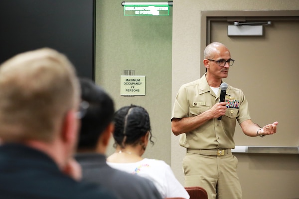 Rear Adm. Guido Valdes, commander of Naval Medical Forces Pacific and director of Defense Health Network Pacific Rim, speaks at the Naval Air Warfare Center Weapons Division’s 2024 Hispanic Heritage Observance, sharing how his Hispanic heritage shaped his Naval career and leadership in Navy Medicine, Sep. 10.



“When offered an opportunity, take it; put in the effort, make it; when you reap the rewards, share it,” Valdes said, emphasizing the importance of investing in people who demonstrate hard work, perseverance, and a willingness to seize opportunities. (Navy photo by Arsenio R. Cortez Jr.)